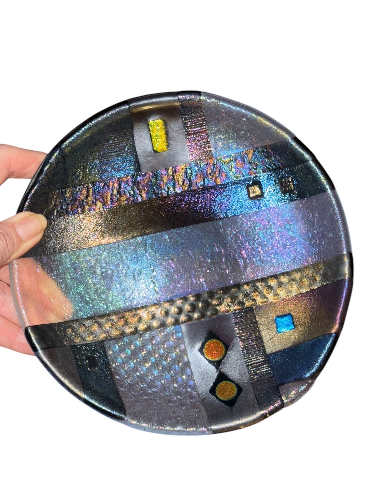 Geometric Textrd Dichroic Iridescent Fused Glass Plate Signed 7.5” Brn/Clear/Blk
