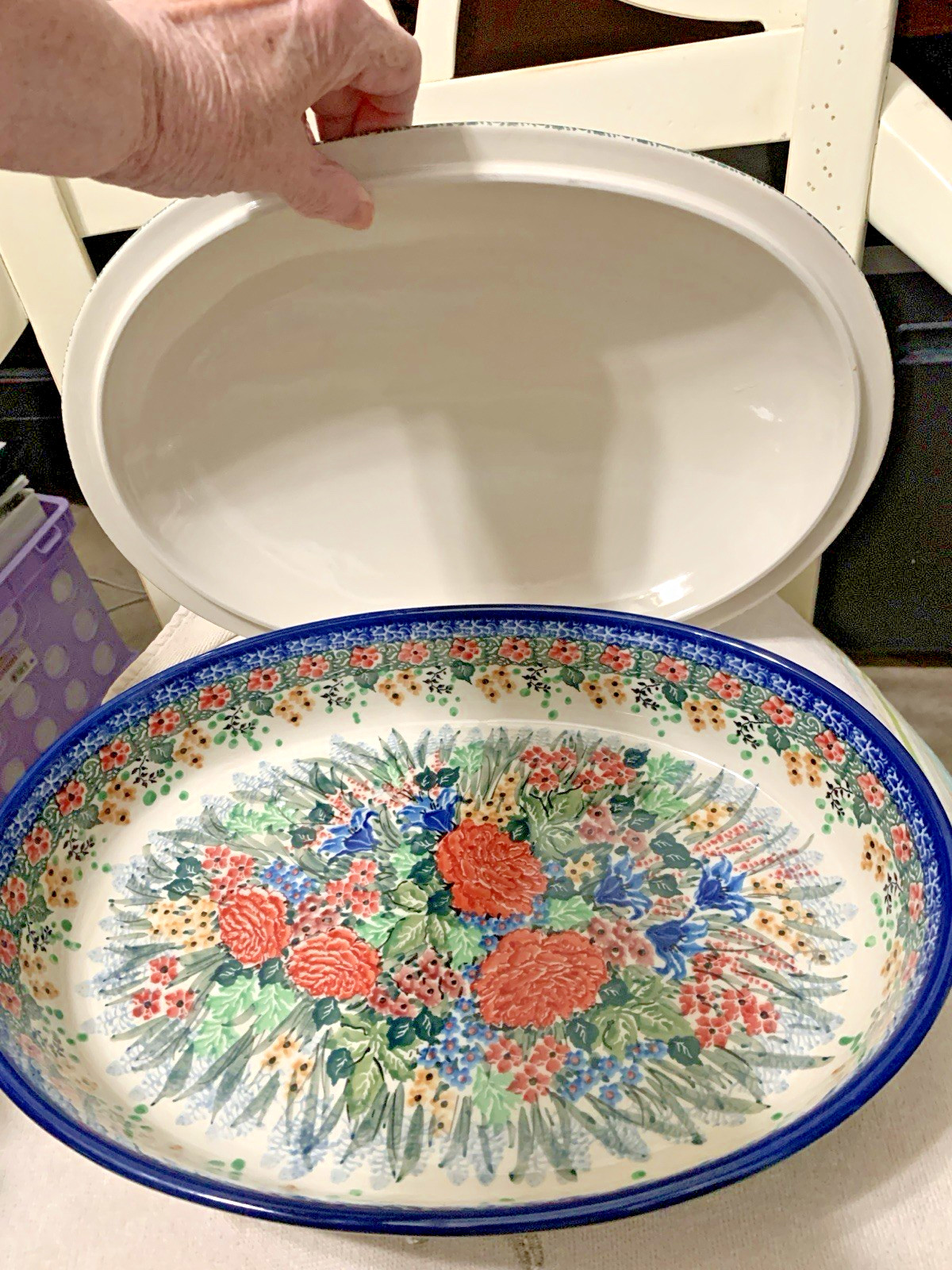 Polish Pottery Roaster Oven Set, Hand Painted And Signed By The Artist In Poland
