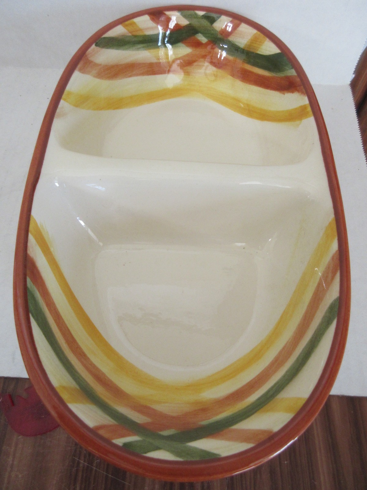 Vtg Vernonware Homespun Under Glaze 11-3/4″ Oval Divided Vegetable Bowl