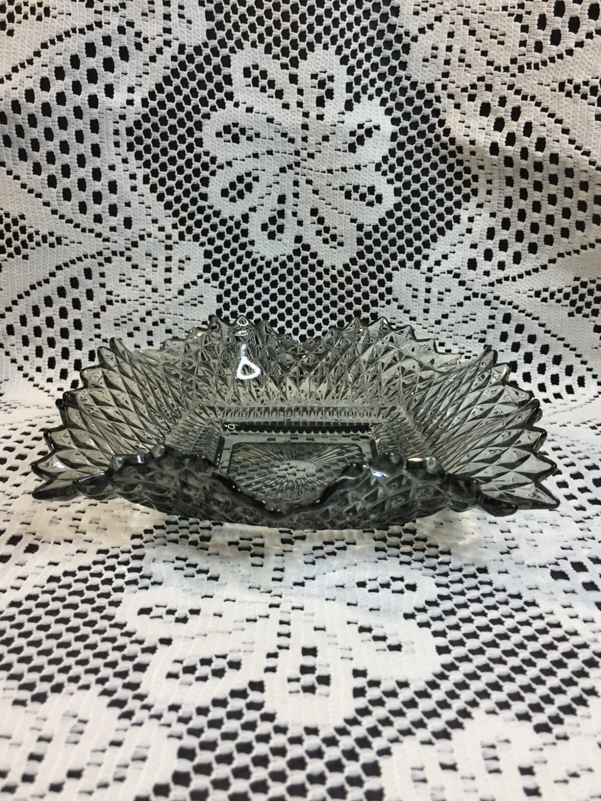 Light Gray Clear Glass Candy Bowl Square Serving Dish with Pointy Edges Vintage