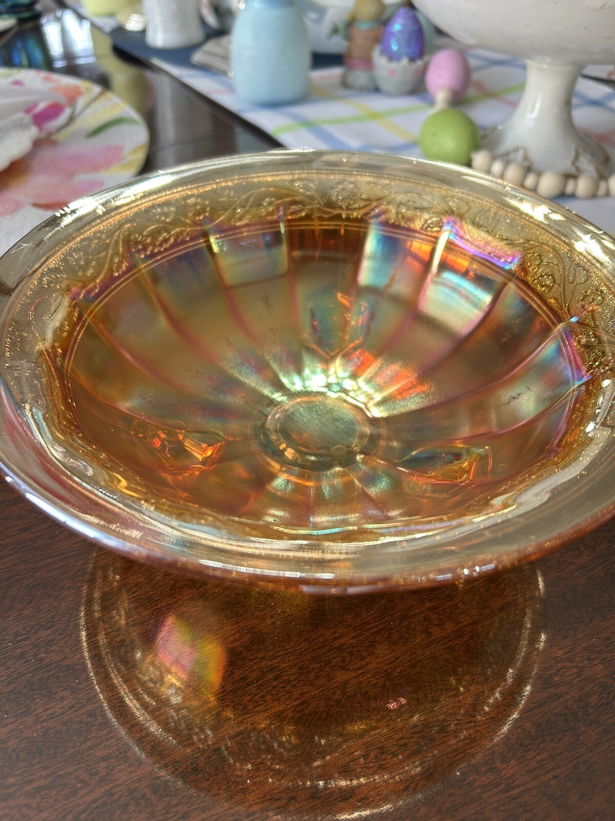 Vintage Carnival Marigold Iridescent 3 Footed Bowl – Floral & Foliate Pattern 9”