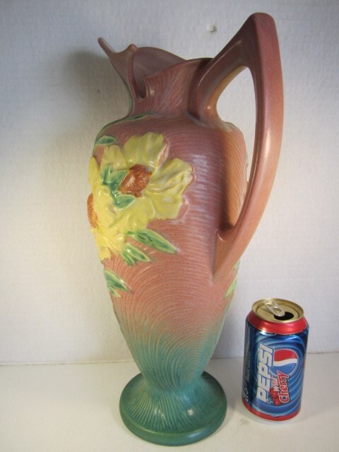 VTG Roseville PEONY Pottery Pink To Green 9-15″ Large Handled Ewer Pitcher