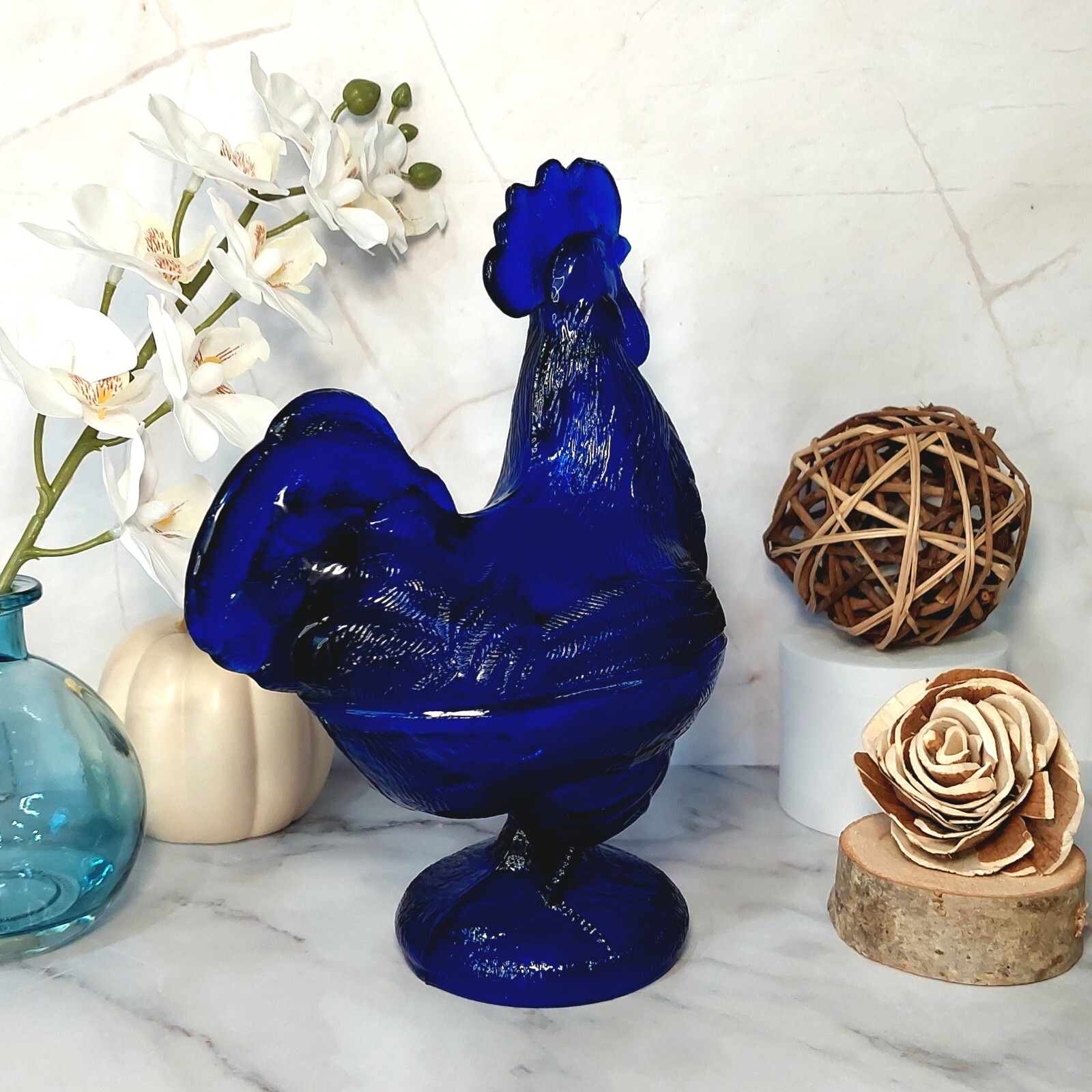 Cobalt Blue Glass Depression Style Rooster Chicken Candy Dish, Hen on Nest, Bowl