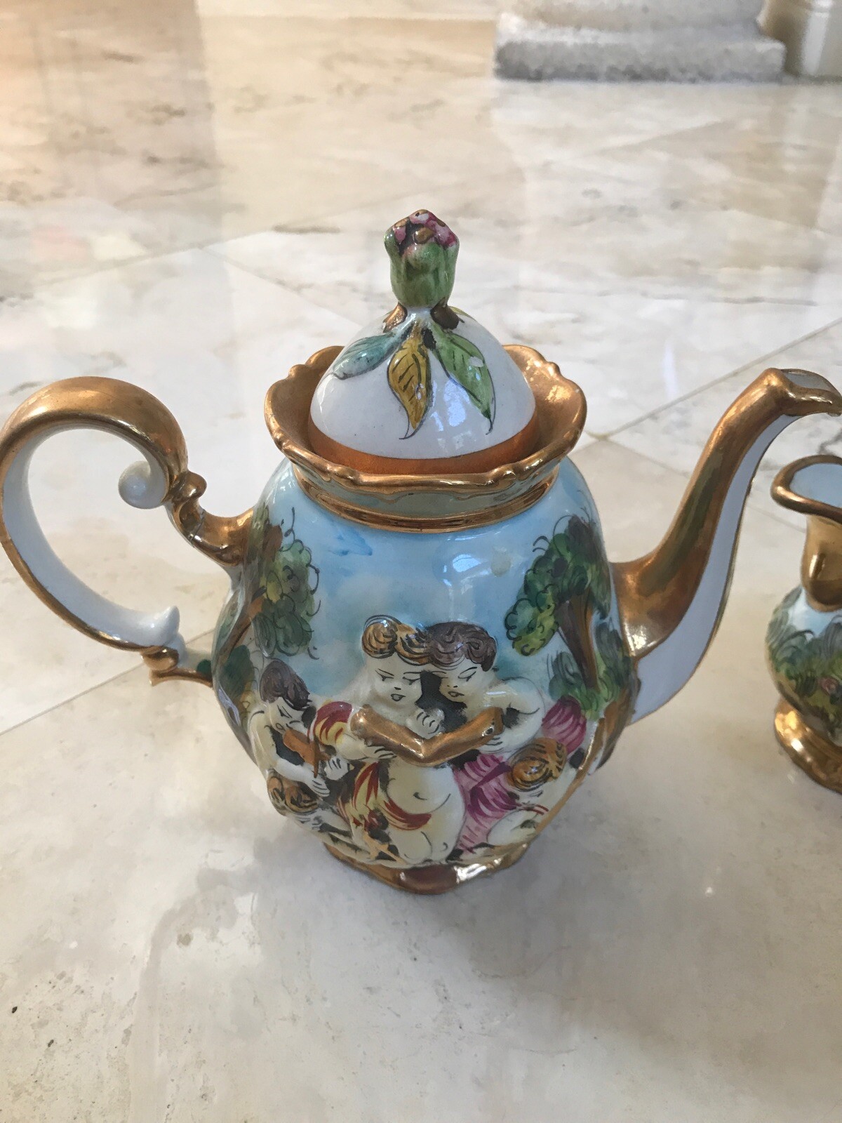 Vintage Capodimonte Italy Cherub & Music Demitasse Espresso Tea Set 15 Pcs NICE!