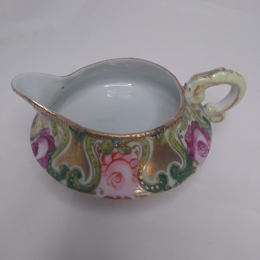 Antique Nippon Hand Painted Three Footed Creamer Moriage Pink Rose Gold Pitcher