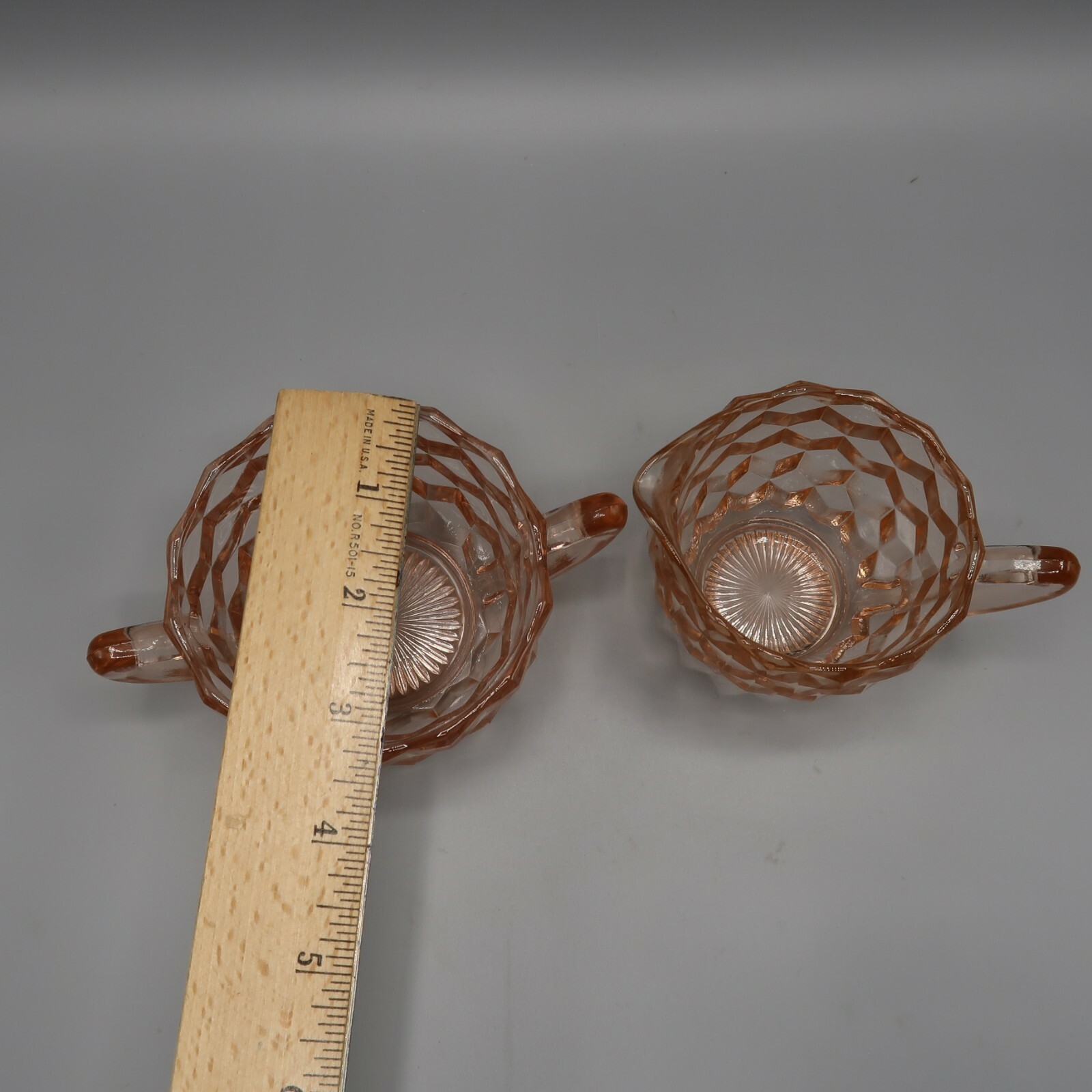 Vintage Jeannette Pink Depression Glass Cream Creamer Sugar Set Cube Cubist