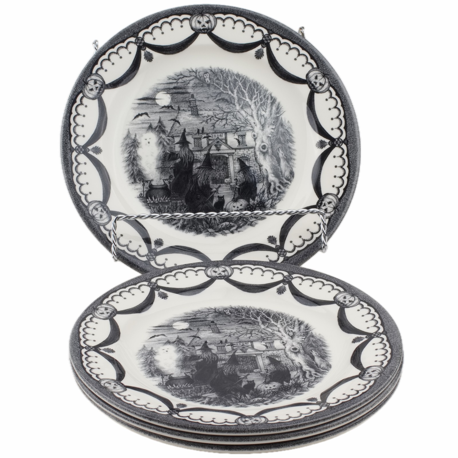 Royal Stafford Witch Coven Black Cat Salad Plates Set of 4 Halloween