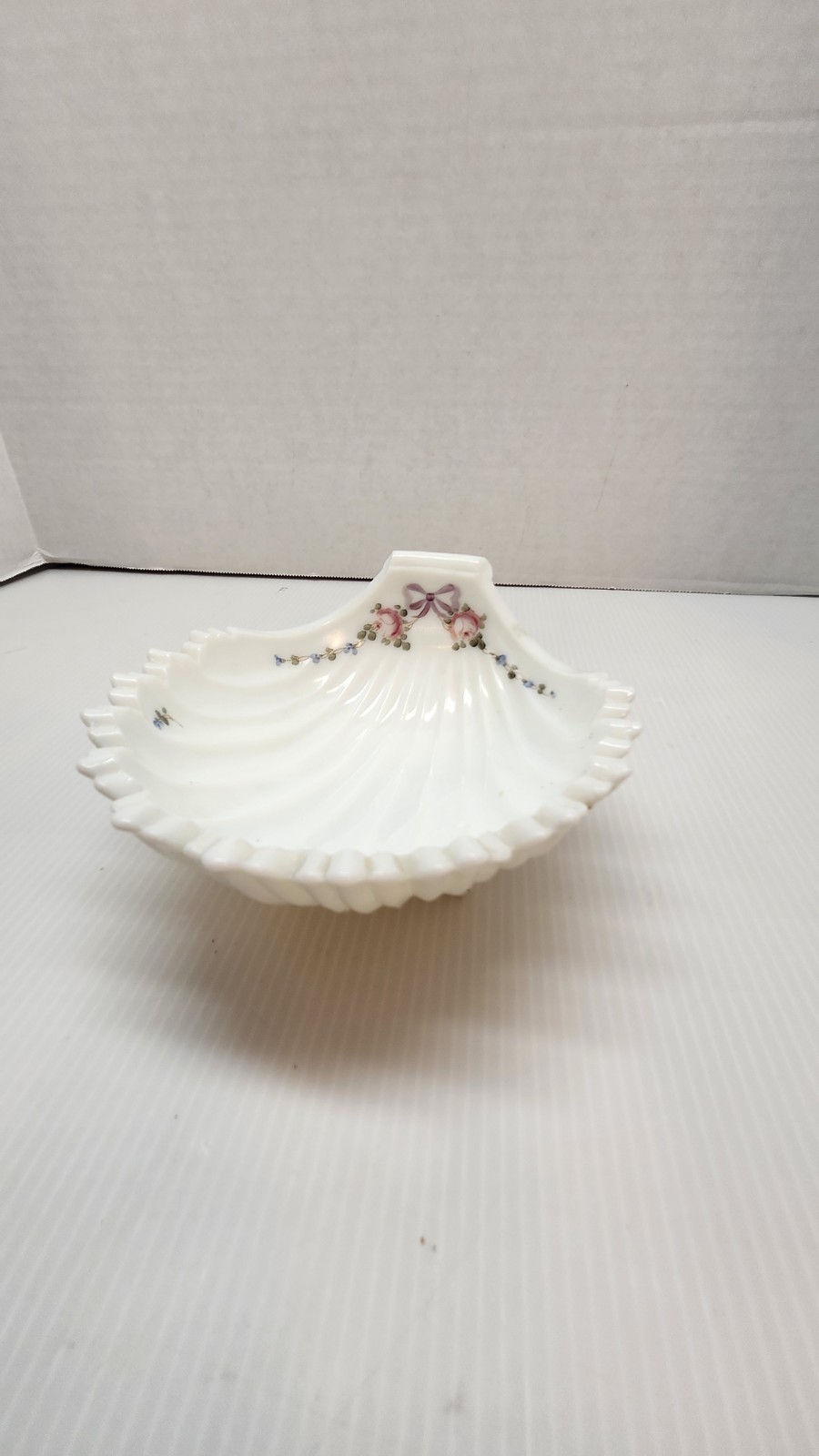 Milk Glass Vintage Shell Dish Footed Hand Painted Roses Bow Floral