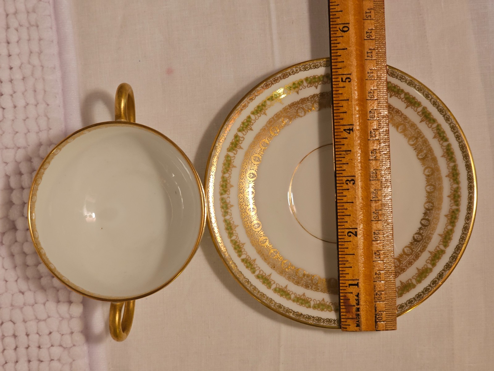 Bouillon cups w/ saucers, set of three, vintage china, Haviland, Cauldon, Pouyat