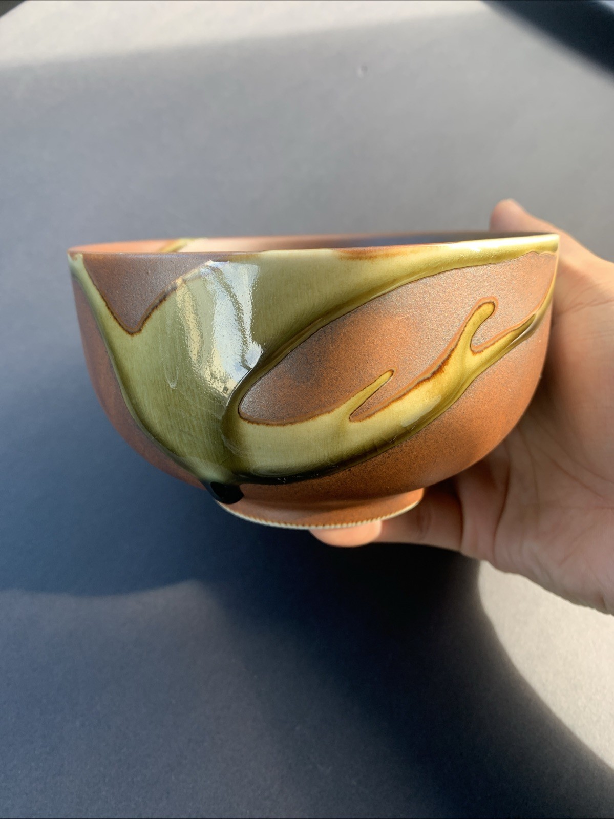 studio pottery 5” drip glazed bowl olive green brown stoneware artisan pottery