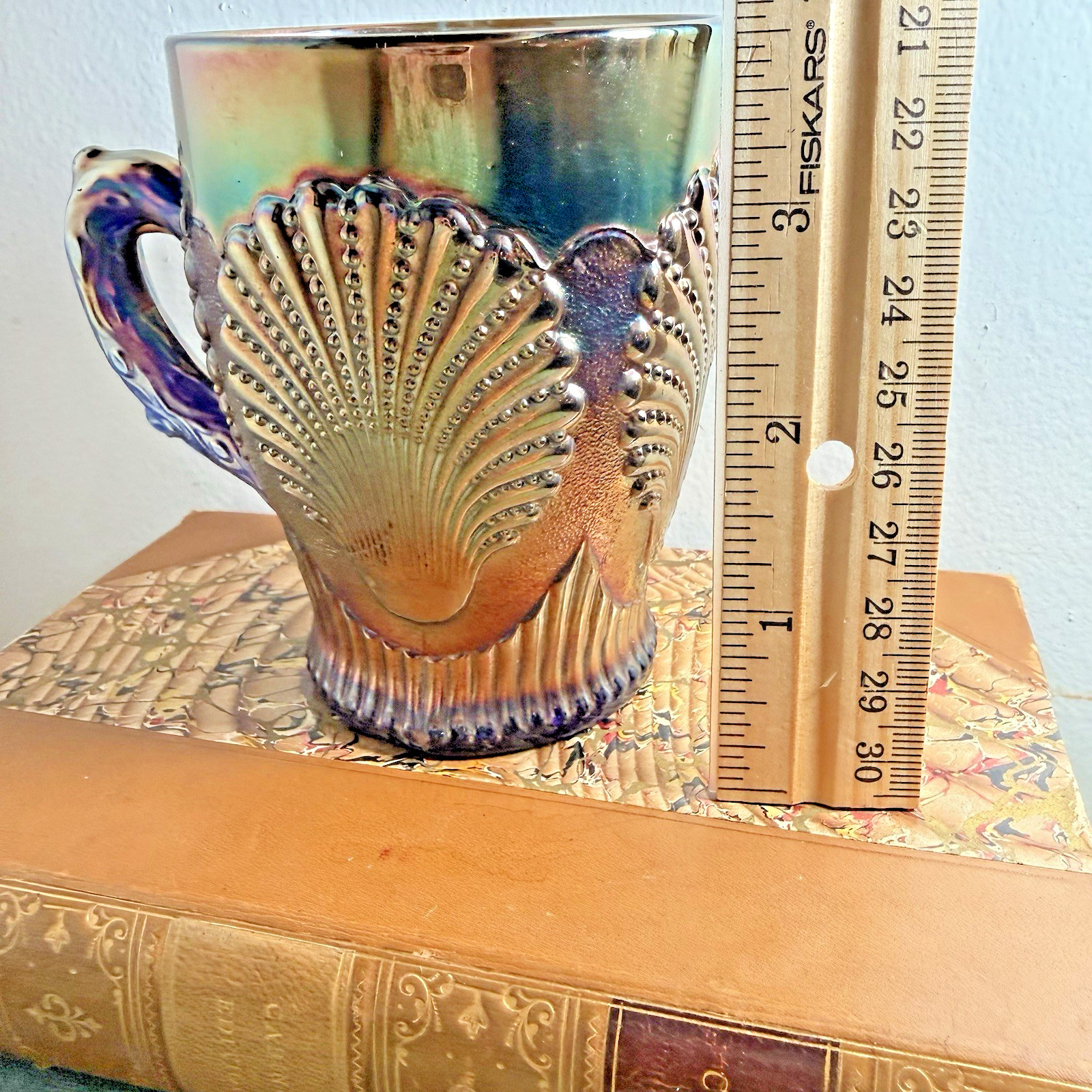 Antique Dugan Beaded Shell Cobalt Blue Carnival Glass Mug Peacock Iridescent