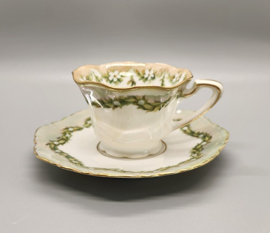 Antique R.S. Prussia (Red Mark) Small Teacup & Saucer Green Floral Garland C1900
