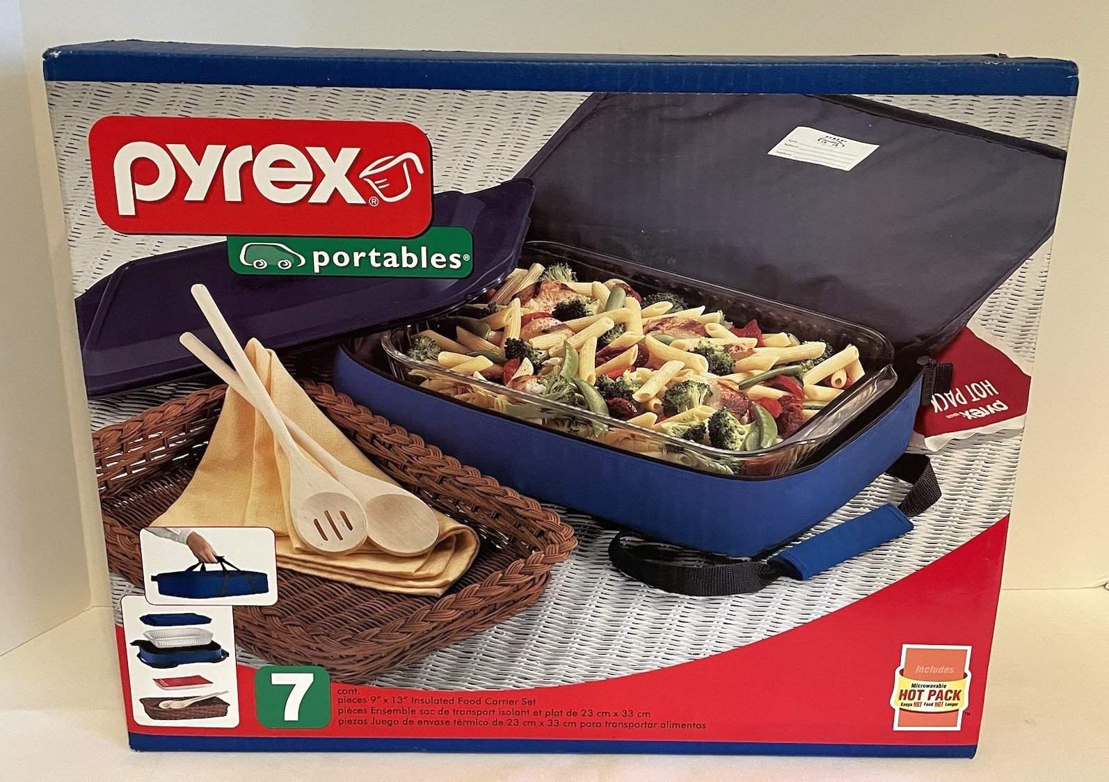 Vintage Pyrex Portables 7 Piece 9in x 13 Blue w Hot Pack Basket Utensils Lid Bag