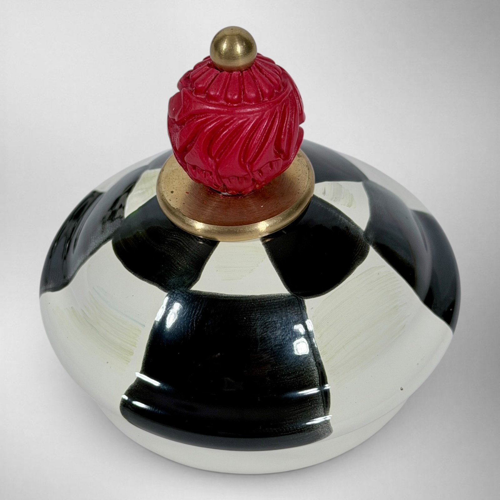 MacKenzie-Childs Courtly Check 4 Cup Enamel Teapot Red Finial Hand Painted