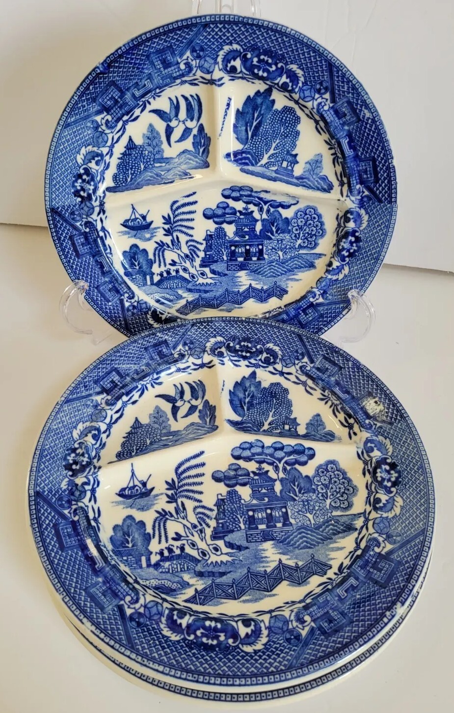 Set of 3 Blue Willow Divided Grill Plates made Japan **RARE STAMP**