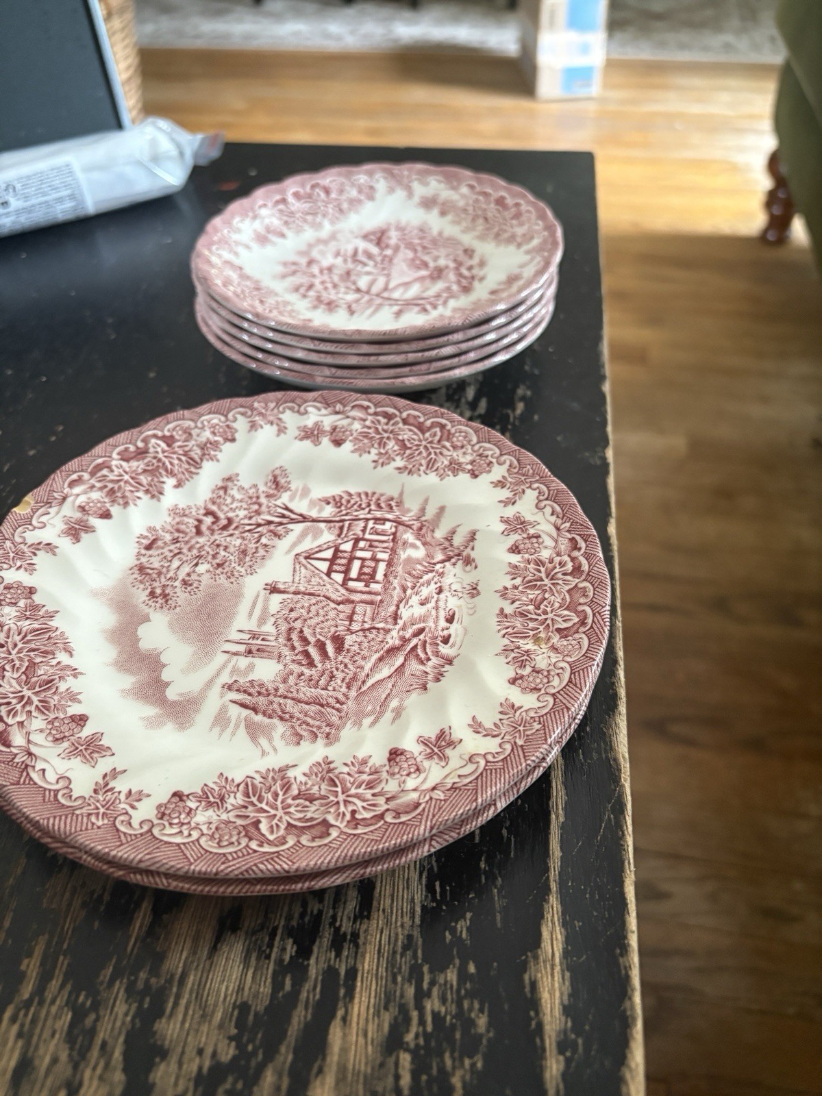 7 Churchill Red Transferware Plates Made In England 2 Bread Plates 5 Saucers