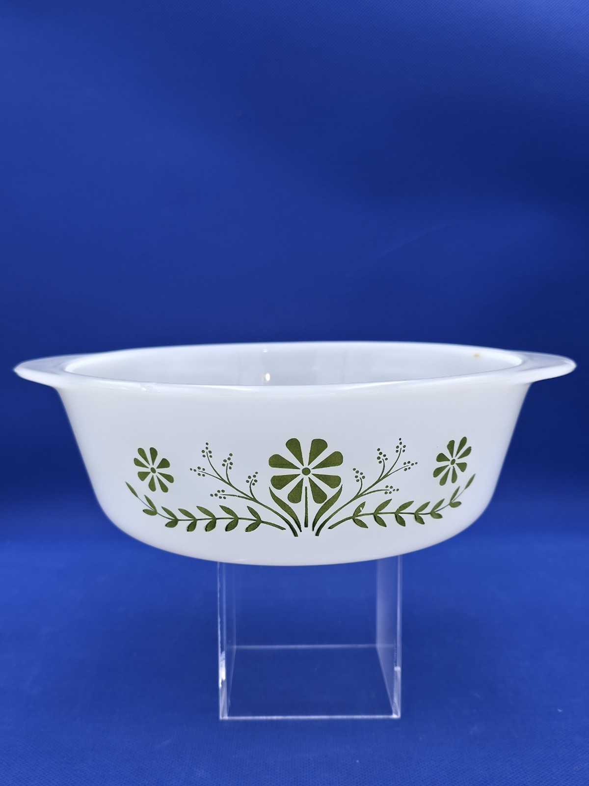 Glasbake Vintage MCM Milk Glass Oven Safe Casserole Dish Green Crazy Daisy