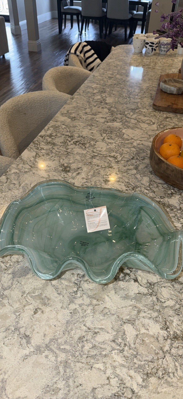Murano Art Glass Hand Blown Ruffled Centerpiece Bowl | Seafoam Green 15.5” Italy