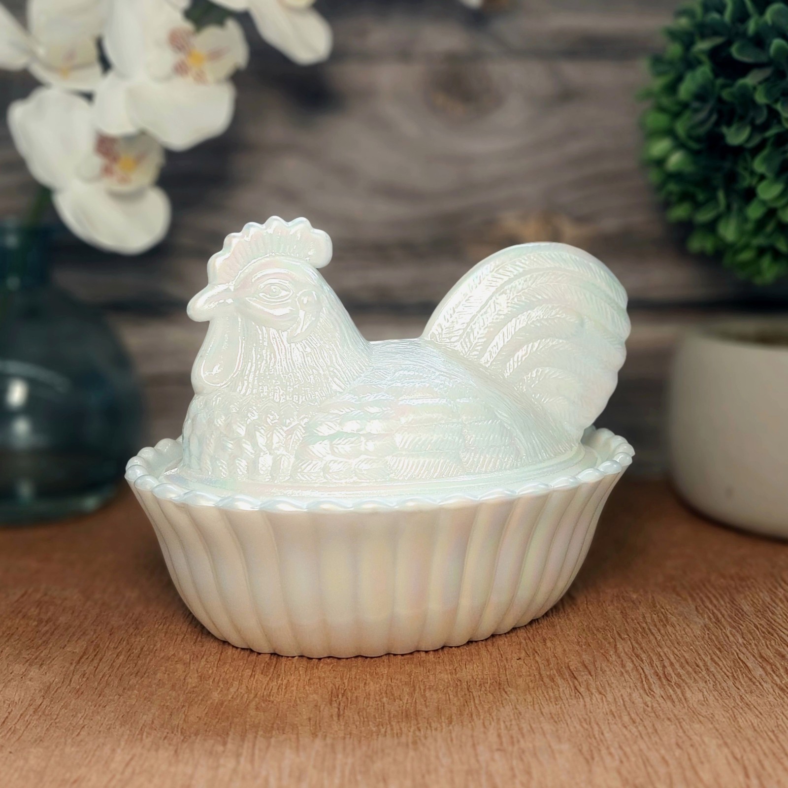 Pearl Carnival Glass Rooster Hen on Nest Chicken Candy Dish, Depression Style