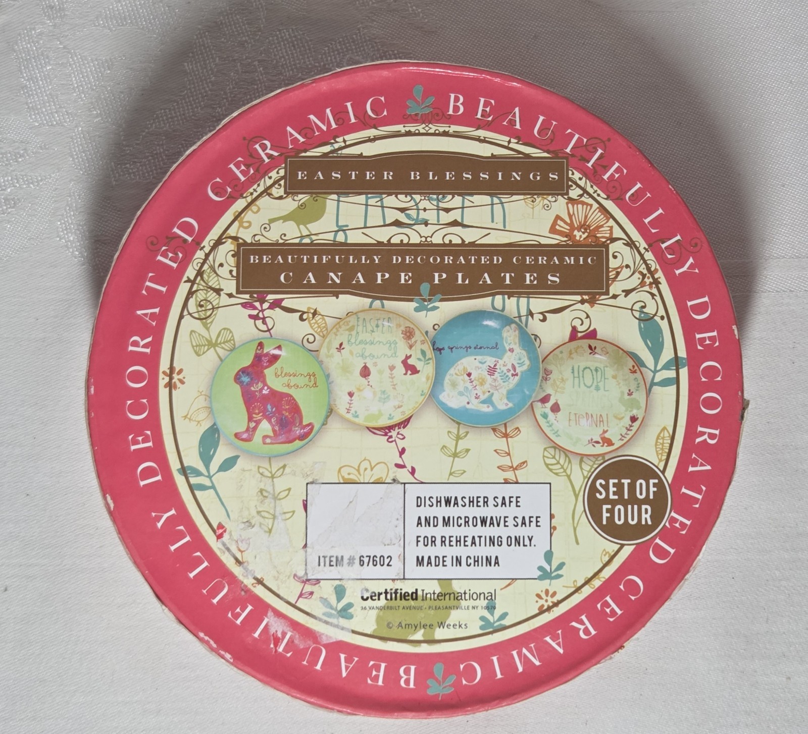 4 Certified International EASTER RABBIT BUNNY BLESSINGS Appetizer Plates w/Box