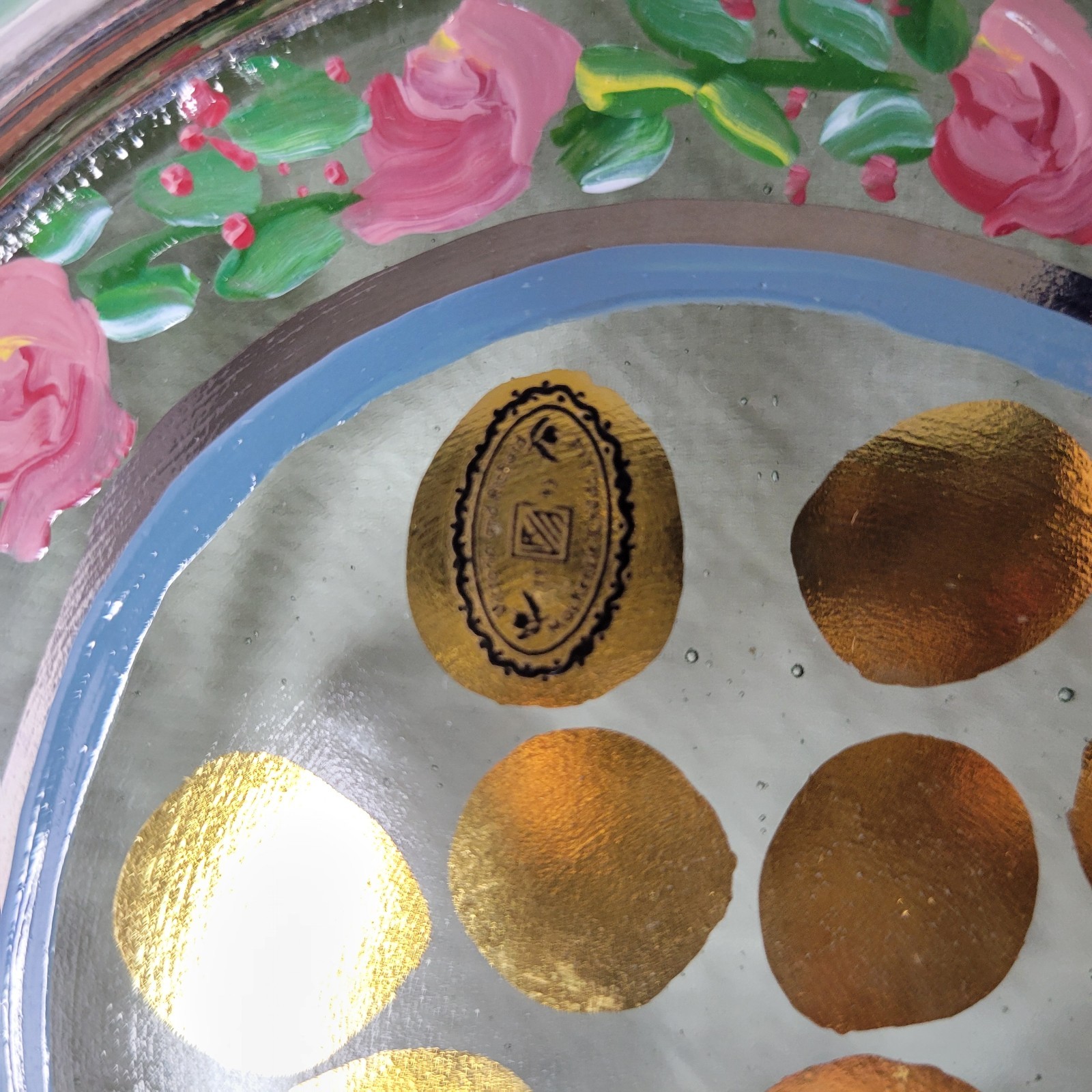 Early MacKenzie-Childs Plate Hand Painted Glass Salad 9″ Rose Garland Gold Dots