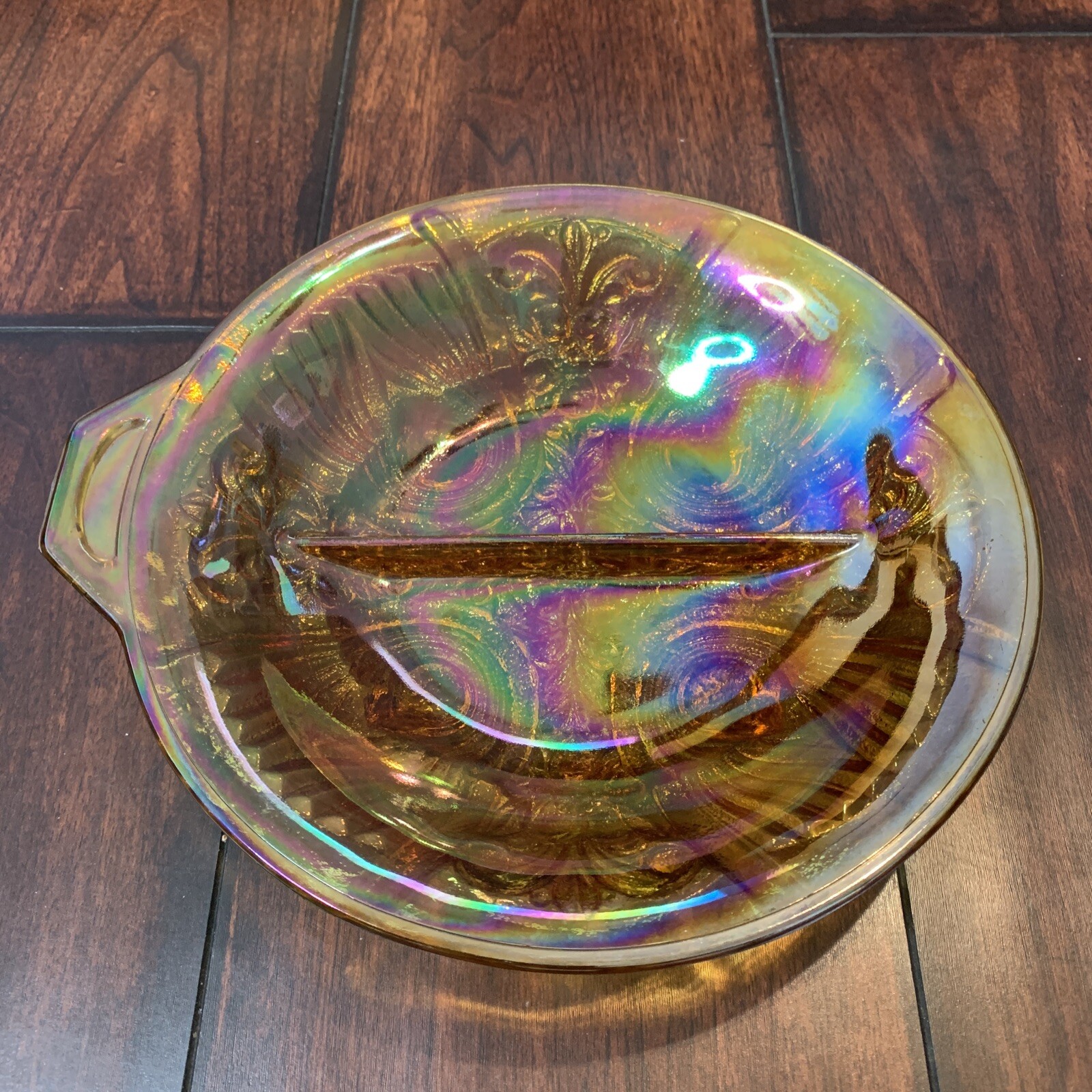 Vintage Indiana Carnival Glass Candy Dish 7.5″ Amber Iridescent Divided