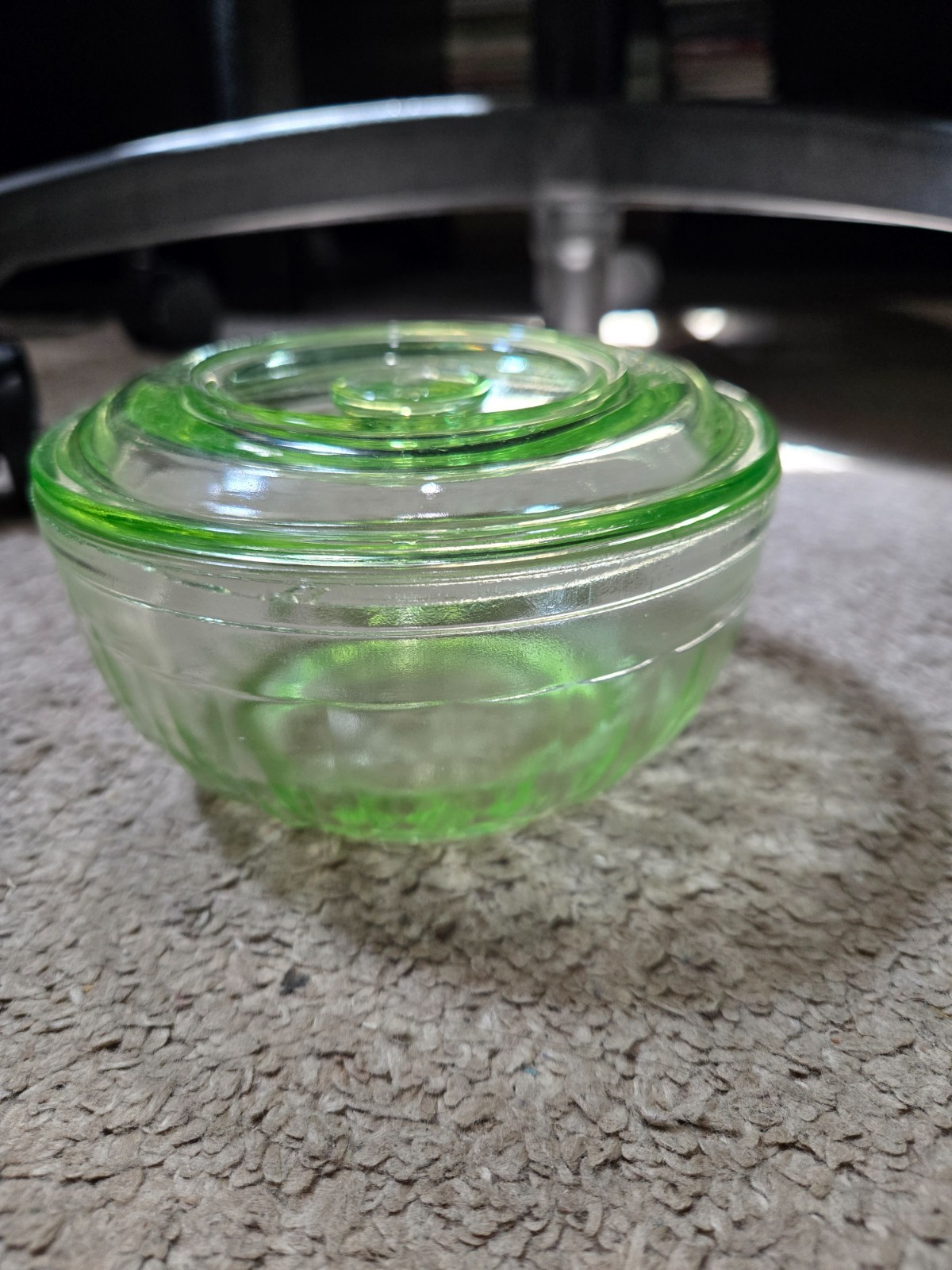 Antique Anchor Hocking Uranium Vaseline Glass Dish with Lid 5.5×3 Inches