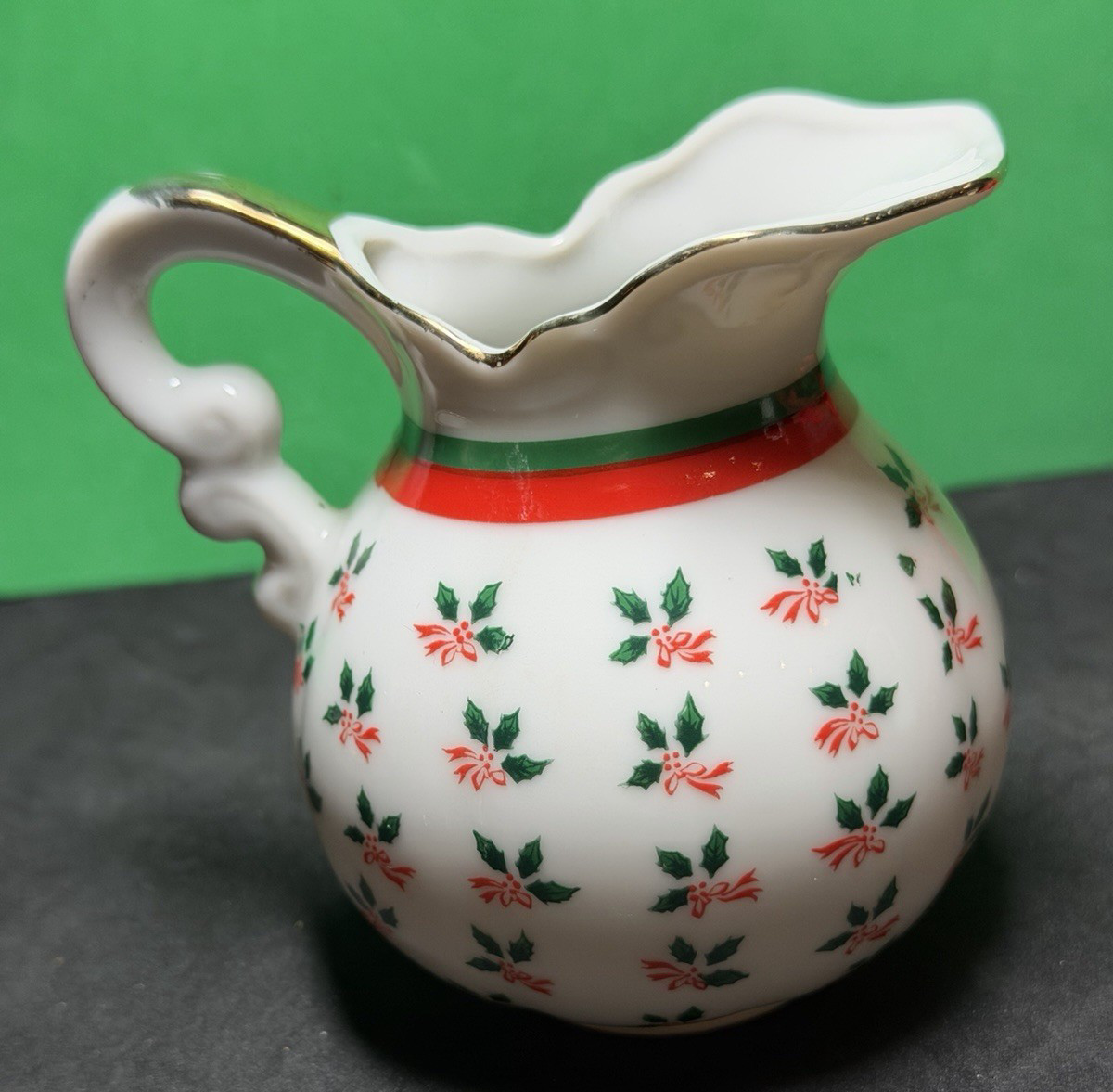 3 Vtg LEFTON Holly & Poinsettia Mini Pitcher Creamer and Basket Christmas Flower