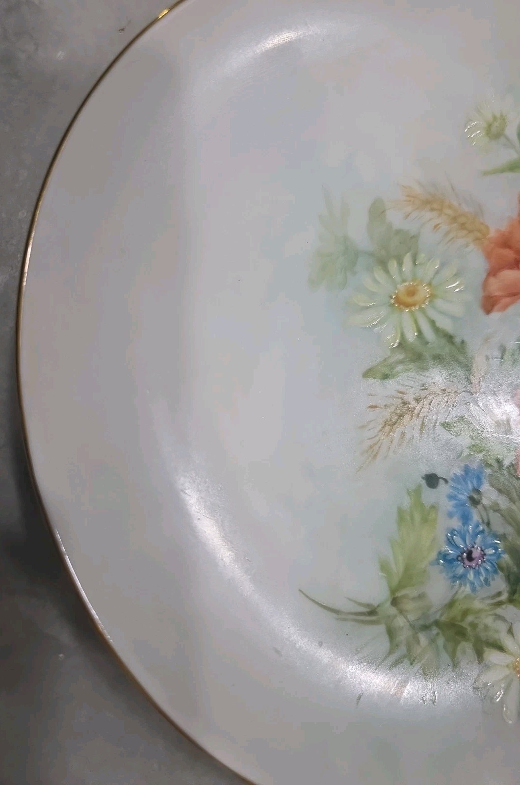 Vintage 9 IN. PLATE HAND PAINTED NO CRACKS/NO CHIPS. Orange Blue Flowers Daisies