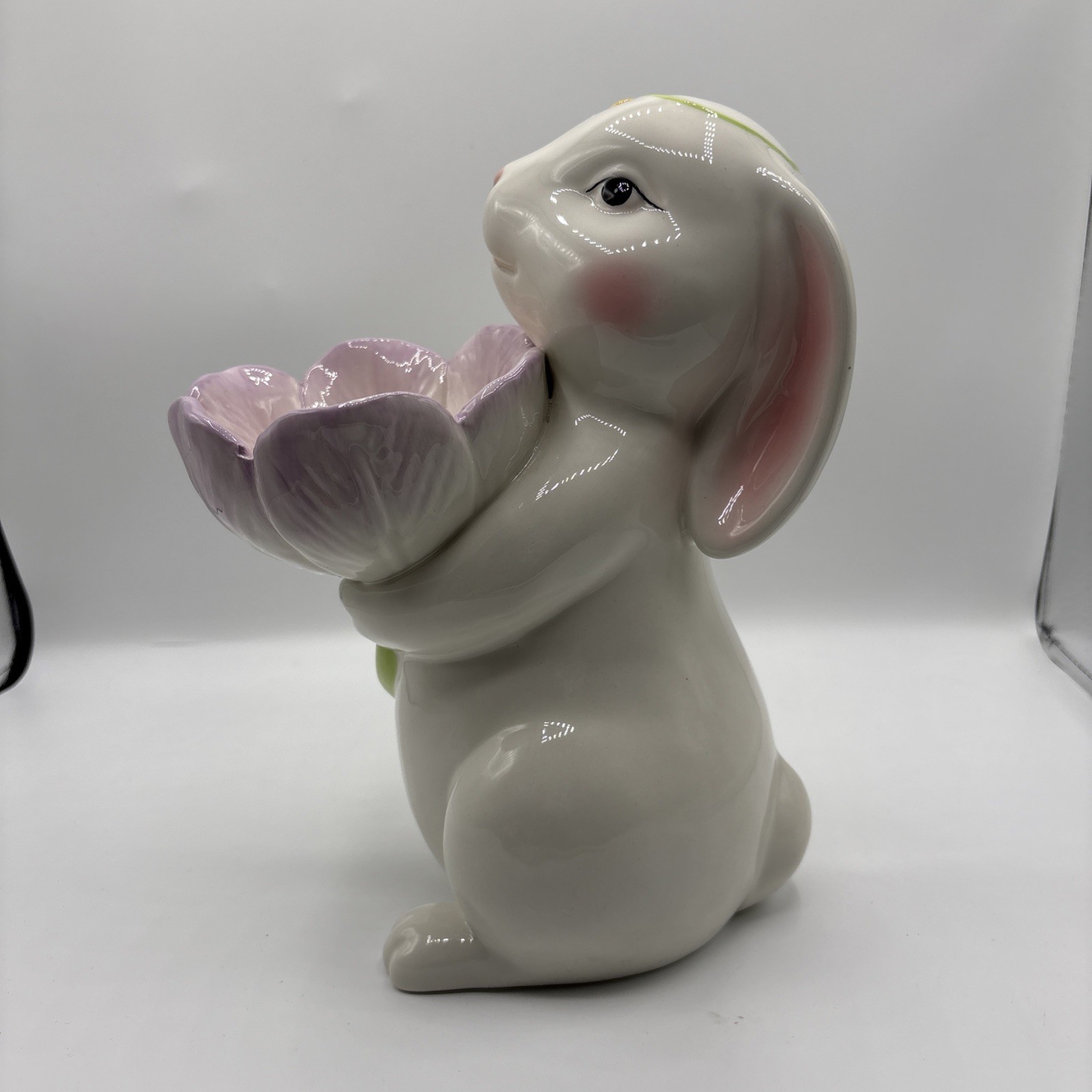 Fine Ceramic Bunny Rabbit Holding Pink Tulip Flowers Candy Candle