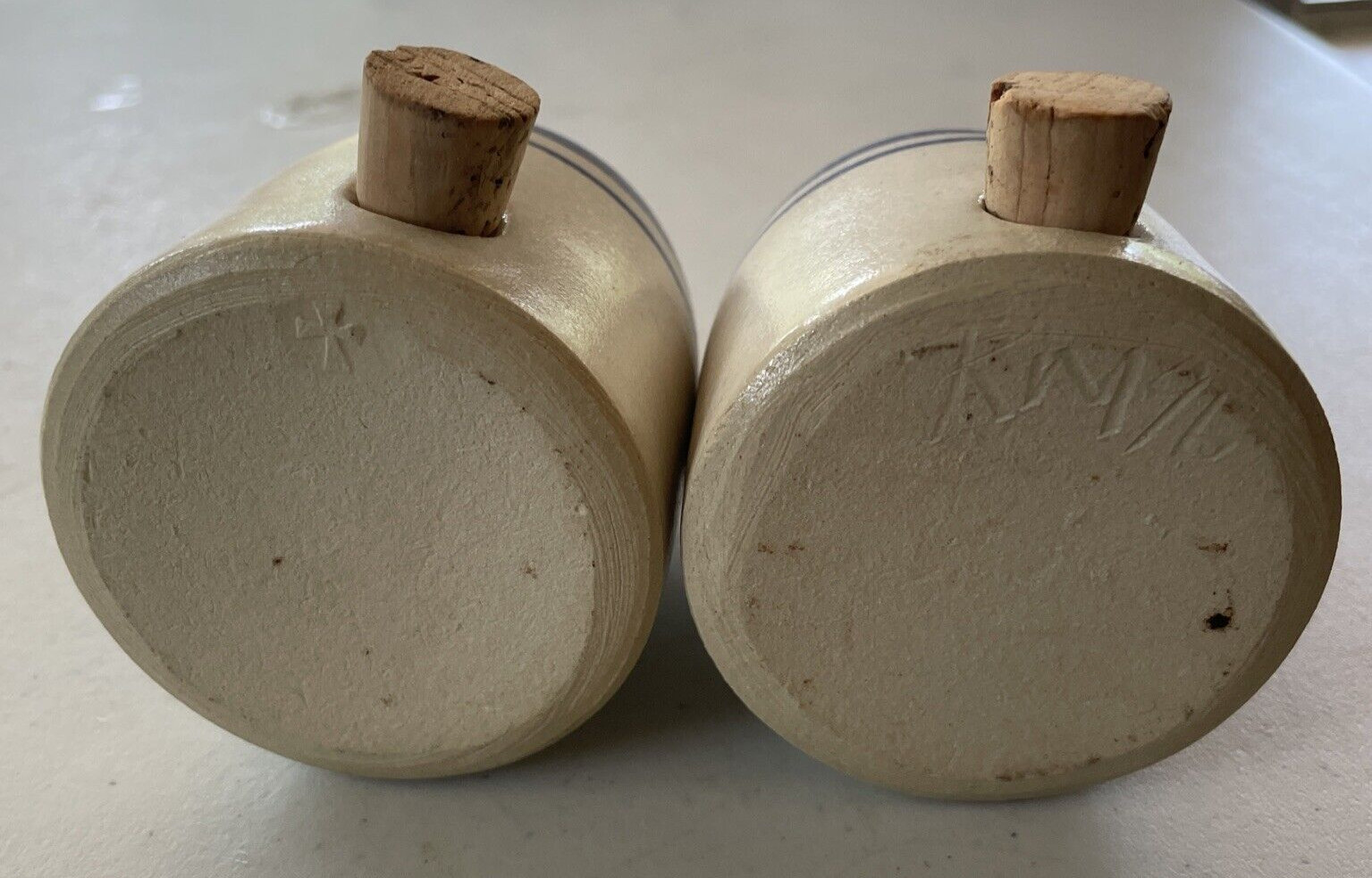 Handmade Pottery Salt & Pepper Dome Shakers Blue Beige Signed Corked Cottagecore