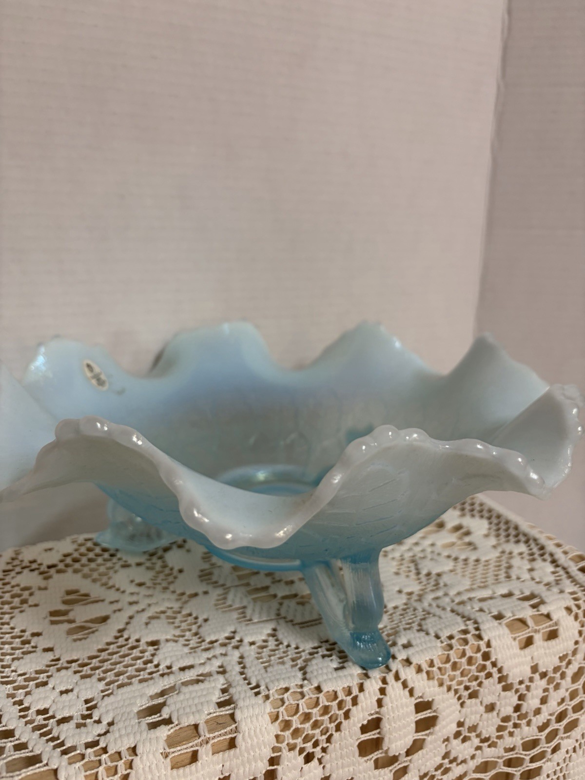 Fenton 100th Anniversary Blue Opalescent Ruffled 3ftd Bowl 11×4” RARE Sticker