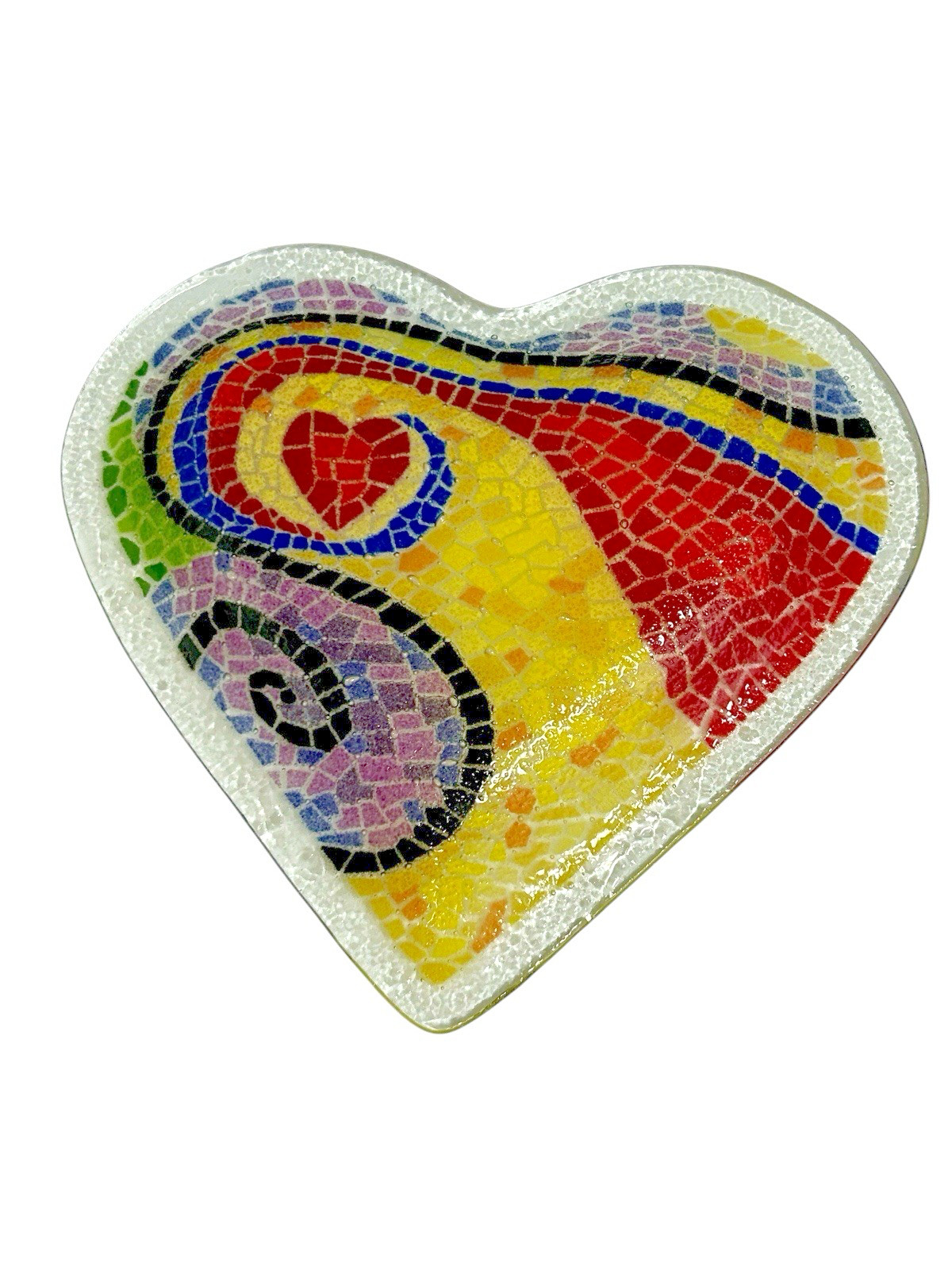 Peggy Karr 10″ It Starts at the Heart Tray Fused Art glass Signed 2004 Mosaic US