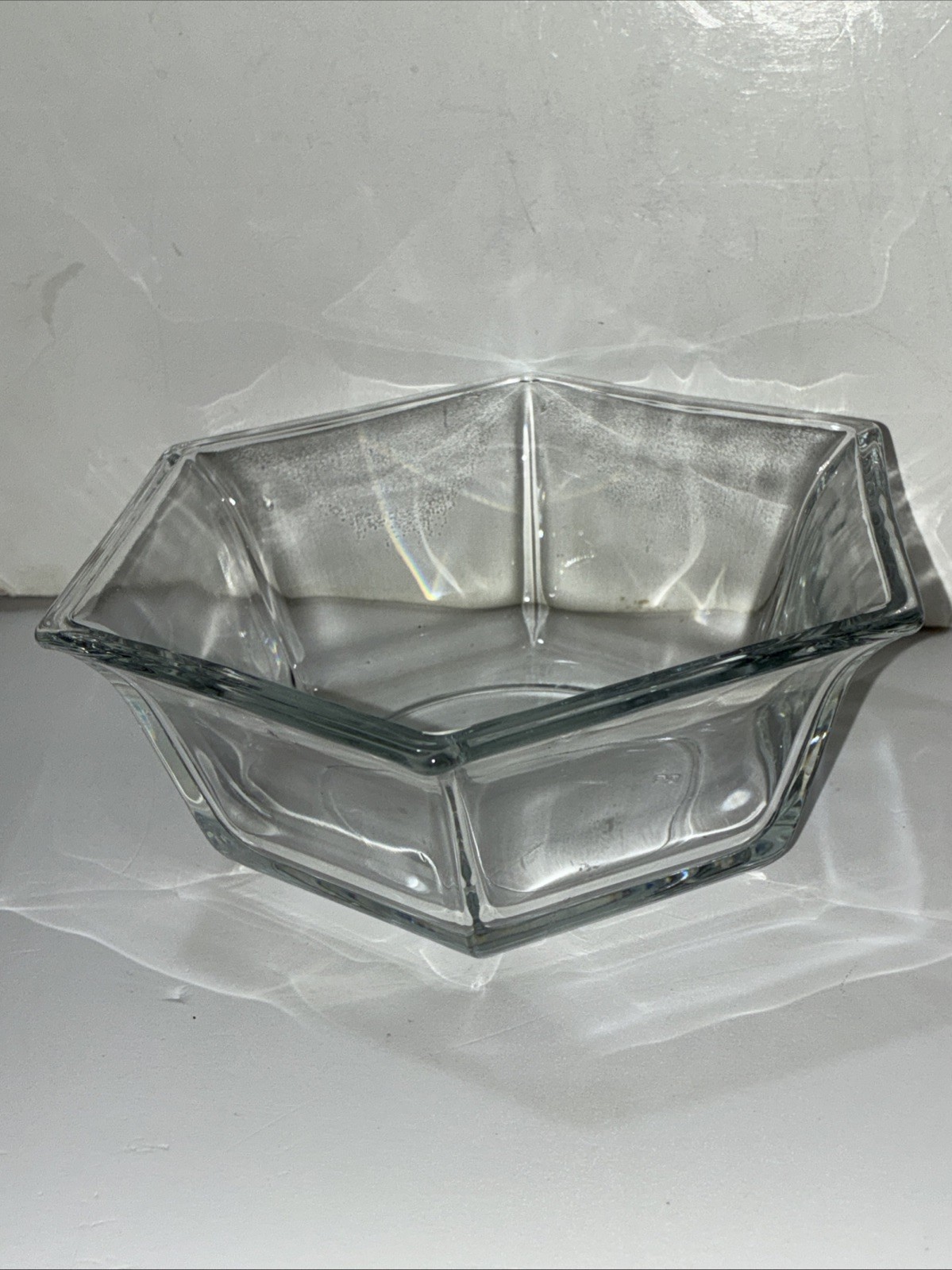 Vintage Clear Glass Hexagon Serving Bowl 7x6x2.5 Six Sided Salad Bowl Candy Dish
