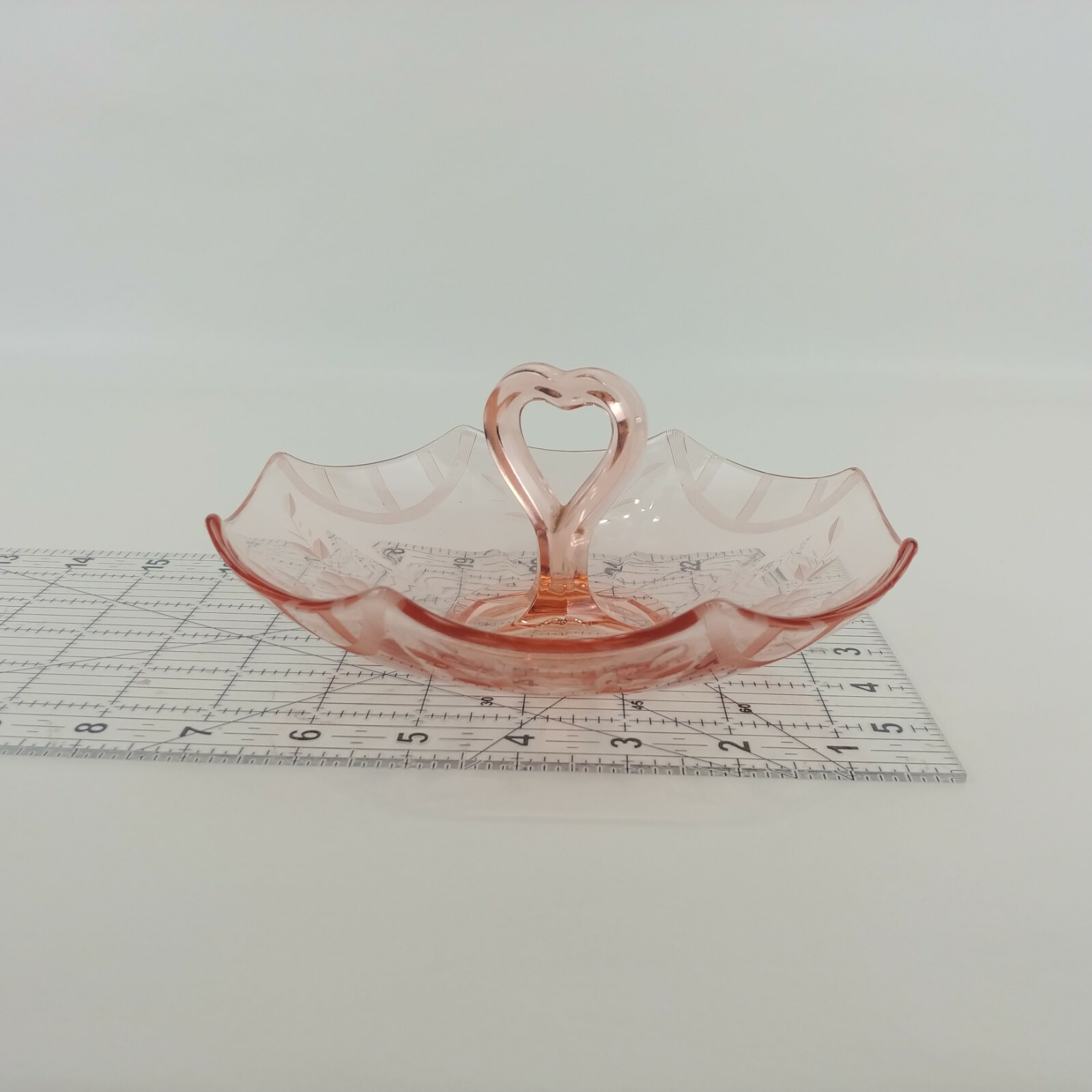 Pink Depression Etched Heart Shaped Handle Candy Dish Compote