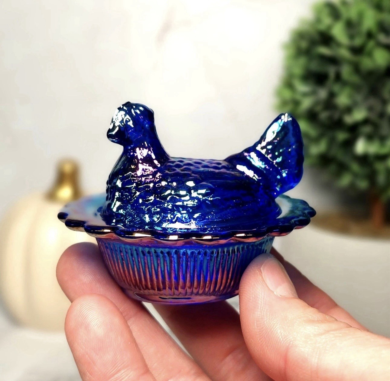 Mosser Cobalt Blue Carnival Glass Hen on Nest Salt Dish, Mini Chicken, VTG Style