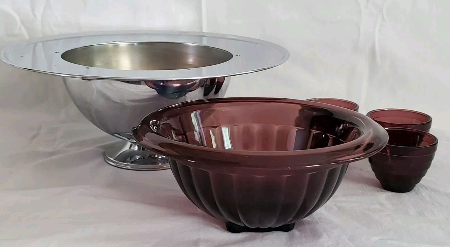 Vtg 30’s Hazel Atlas Purple Amethyst Punch Bowl Chrome Art Deco Moderntone Cups