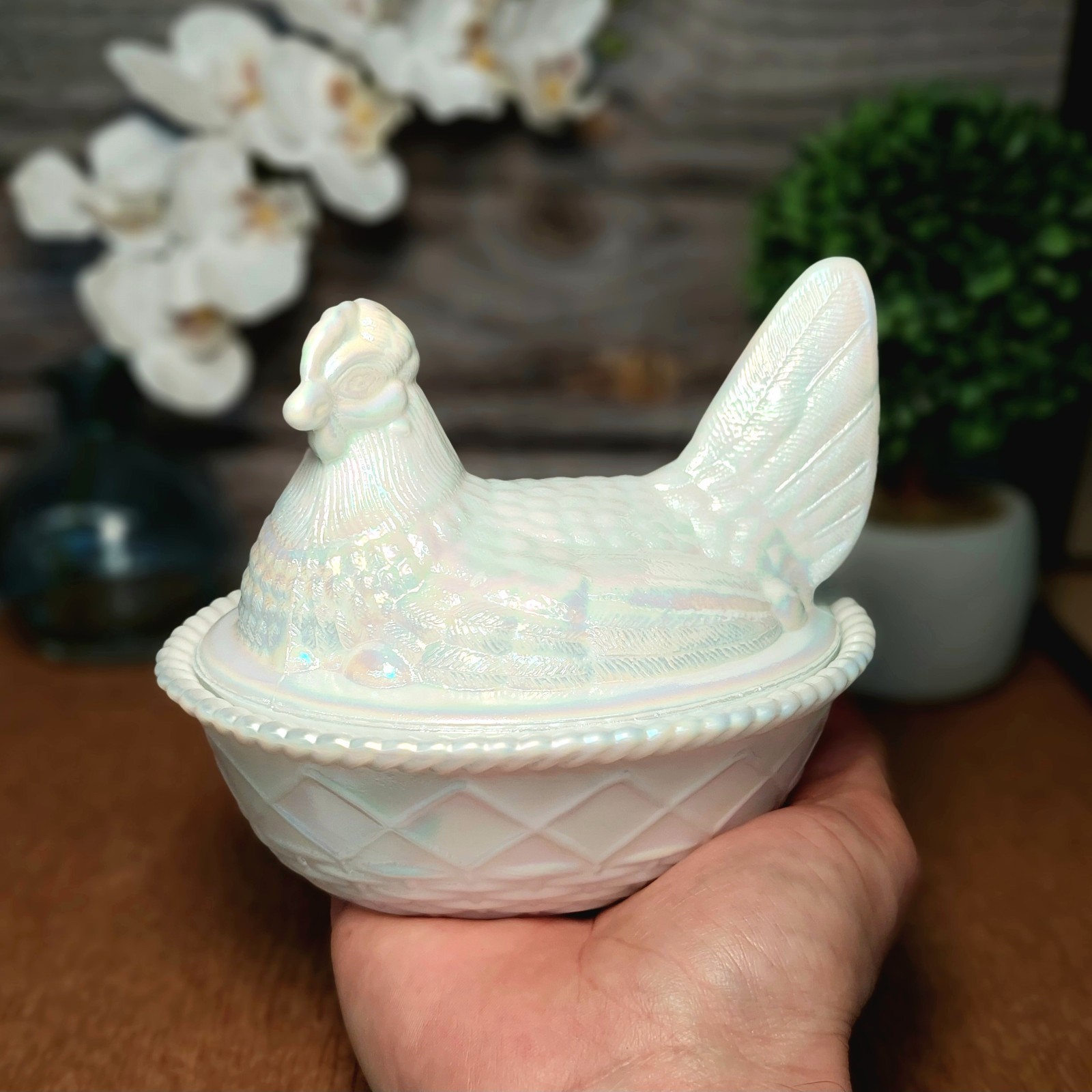 Pearl Carnival Glass Hen on Nest Chicken Candy Dish, Depression Style, VTG Decor