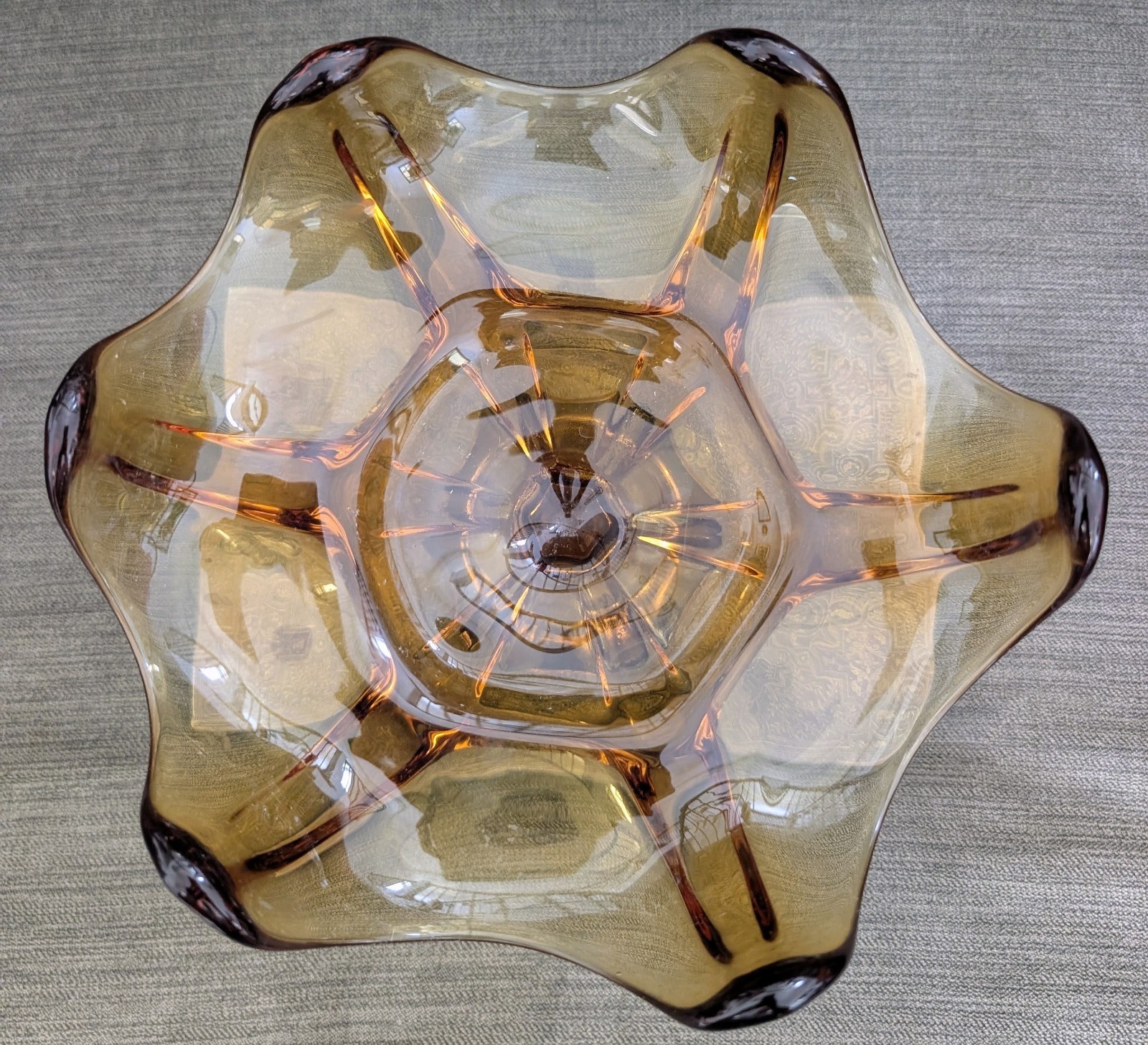 Vintage Amber Art Glass Pedestal Compote Bowl Ruffled Centerpiece Mid Century