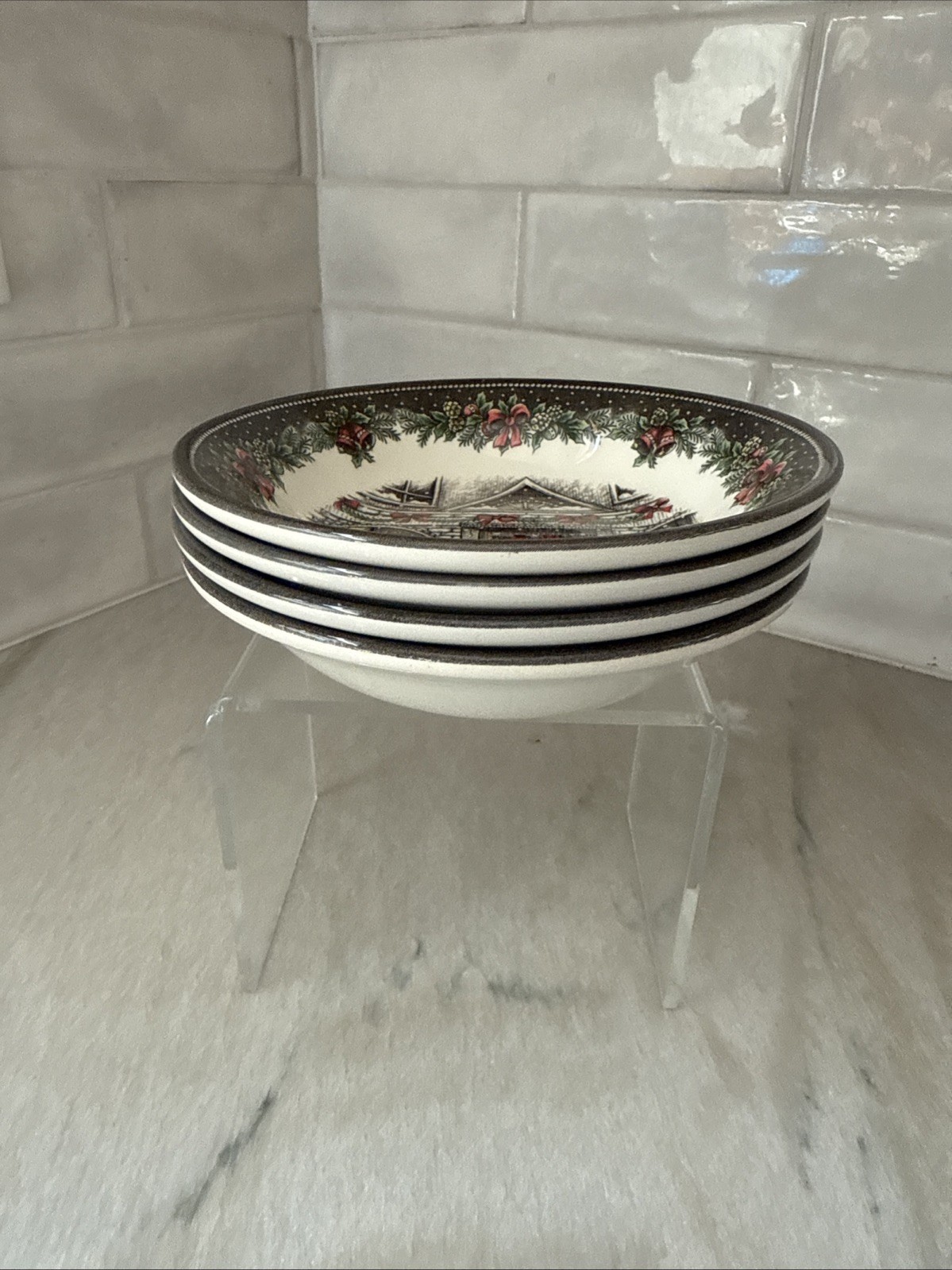 Set 4 Royal Stafford Christmas Home Door Wreath Bowl Cereal Soup 7″ NWOT Disc