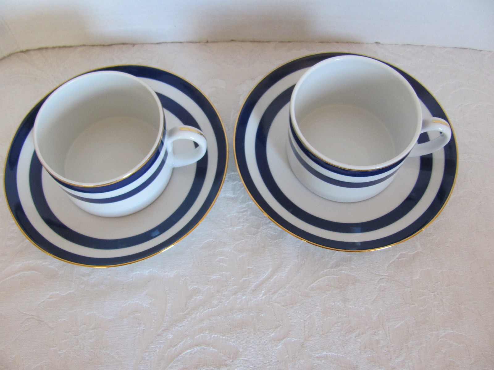 RALPH LAUREN Spectator Cadet-Blue Bands/Gold Trim- 2 Cups & 2 Saucers