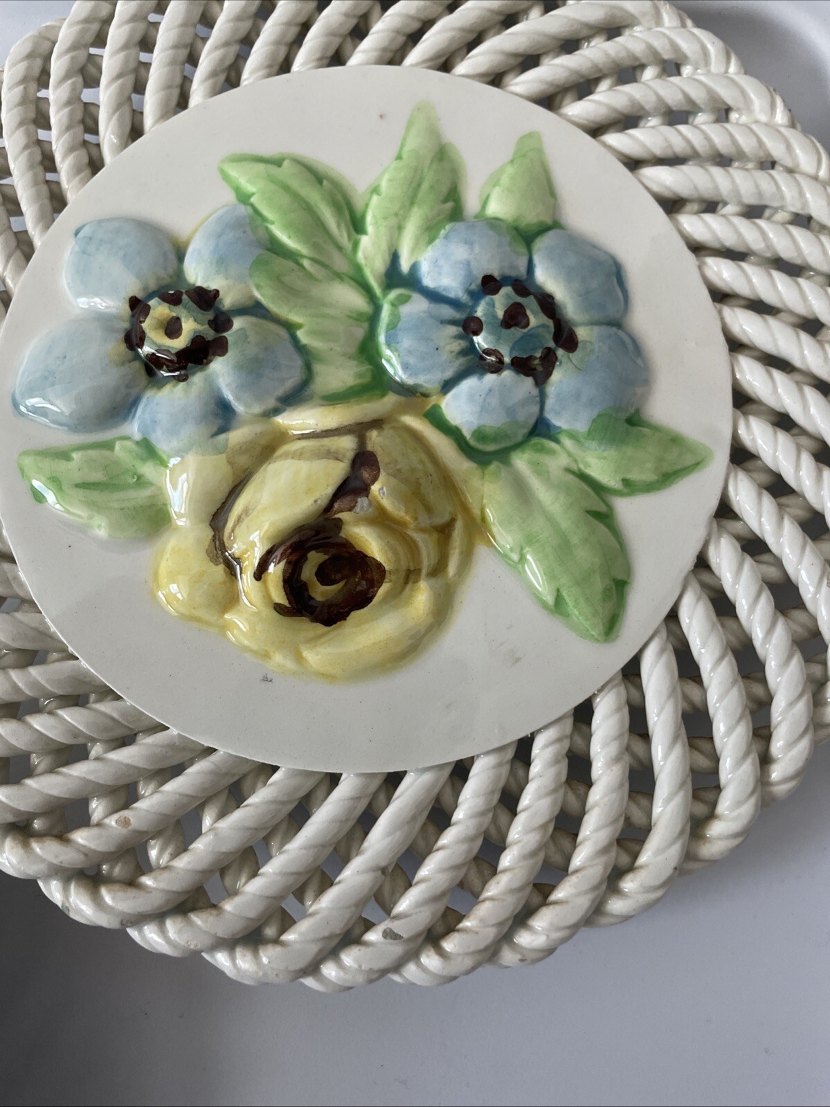 Ceramic Spain Wall Plates Spanish Art 3D Fruit Flowers Lattice Painted Set of 3