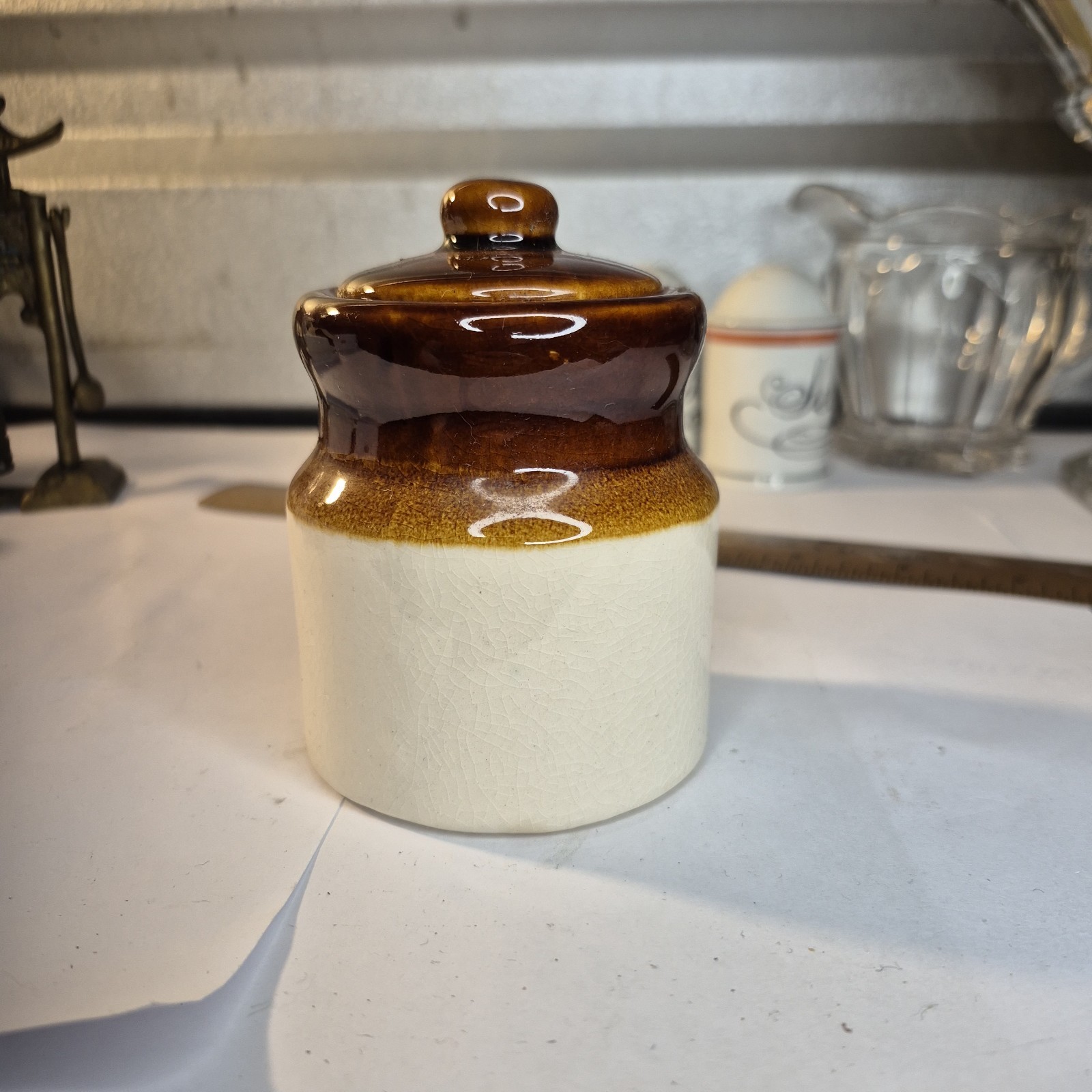 Vtg Brown Drip Glaze Stoneware Lidded Jar Small Crock Sugar Bowl Farmhouse BX01