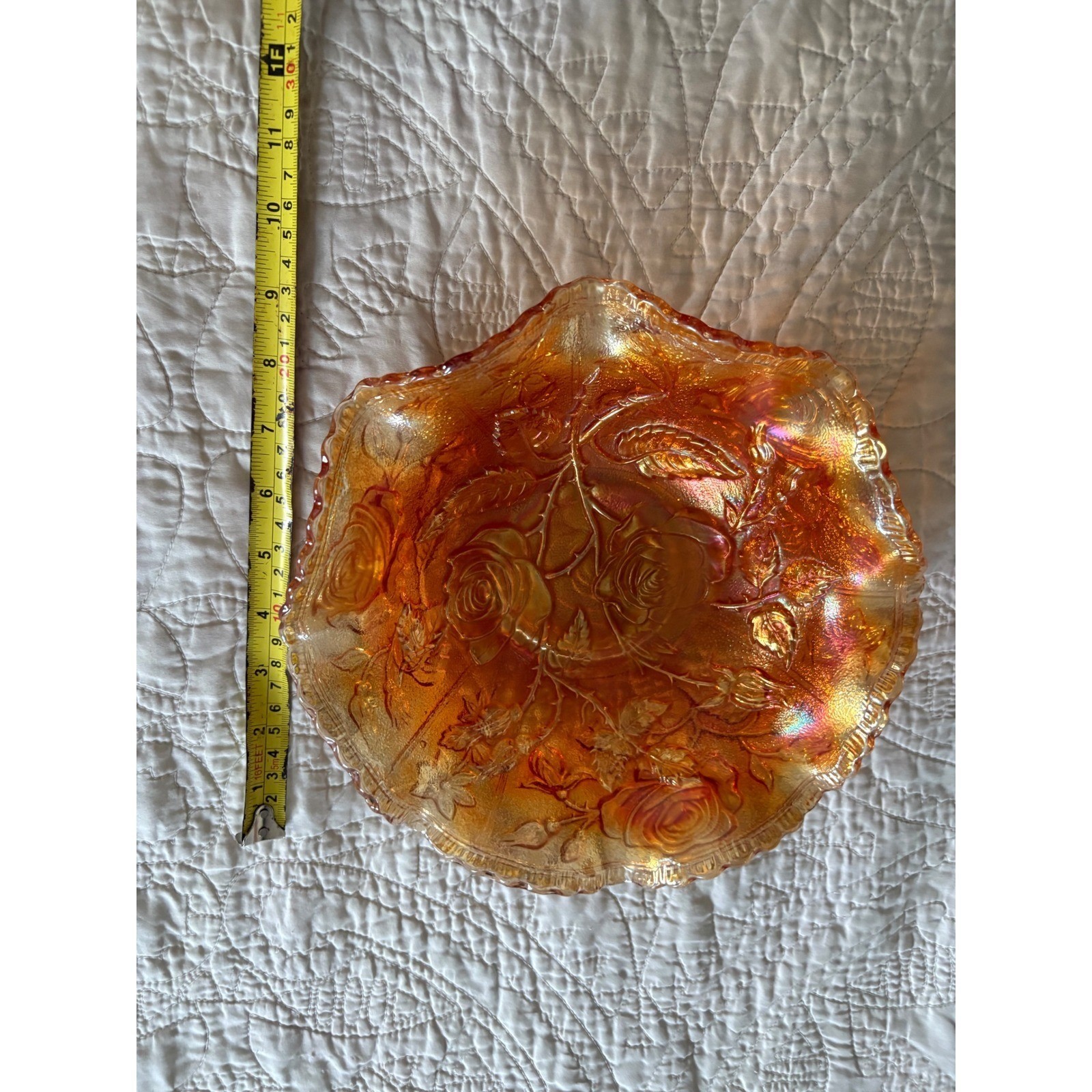 Vintage Imperial Glass American Beauty Embossed Rose Open Marigold Lustre 1950s