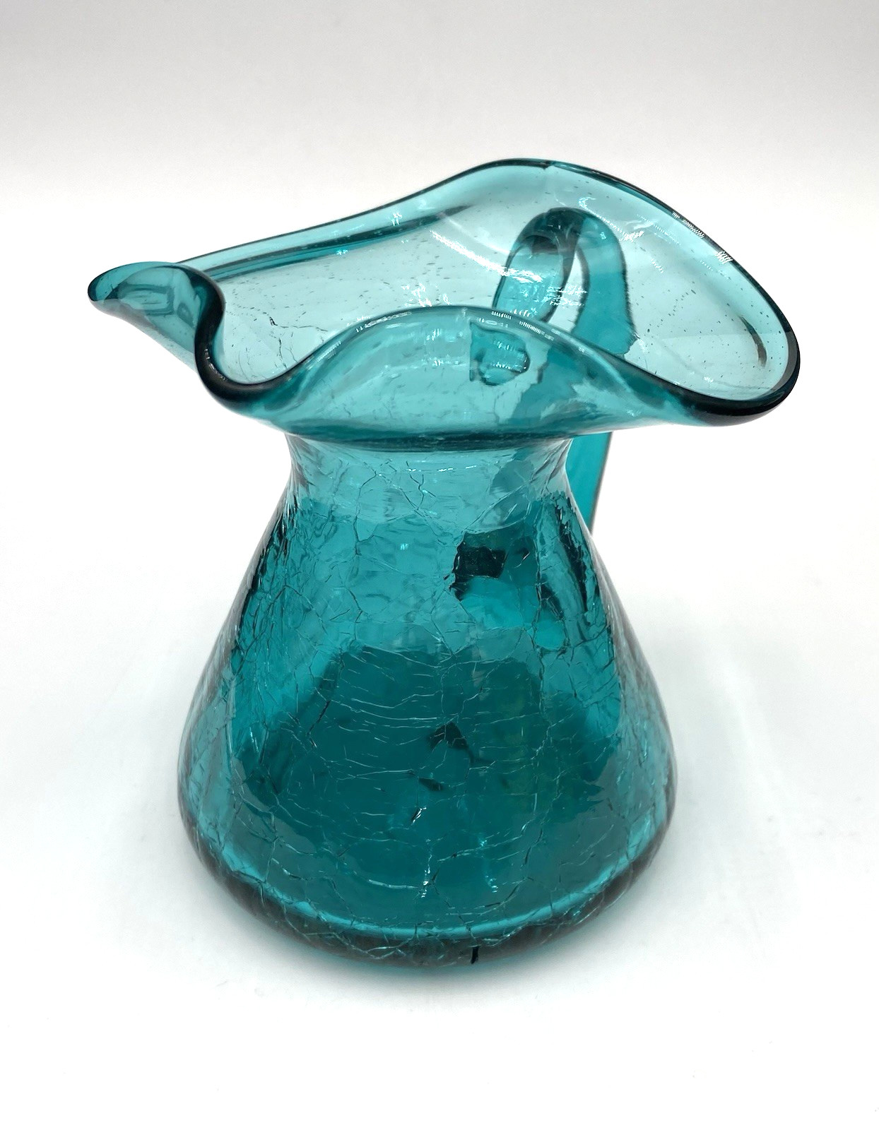 Vintage (1960s) MCM Rainbow Glass Co. Crackle Glass Pitcher, Teal, 4.25″ Tall