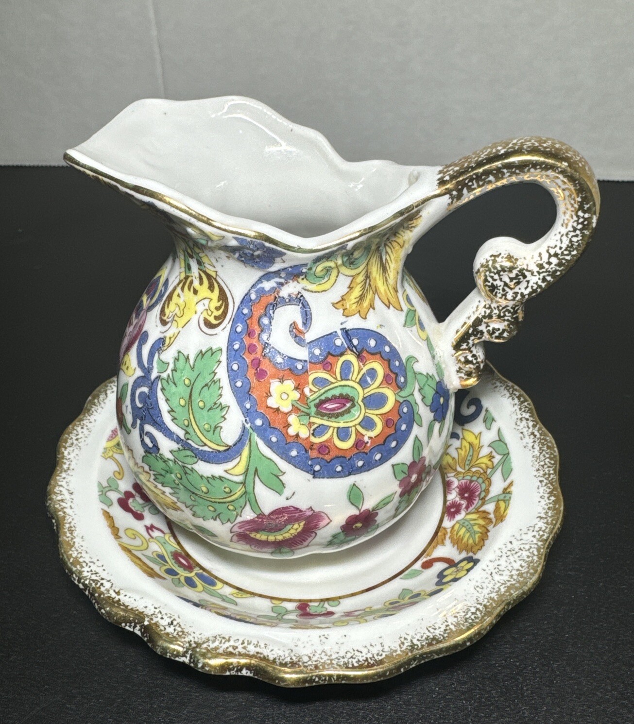Lefton Vintage China Creamer/Pitcher With Saucer Foil Sticker Flowers Paisley