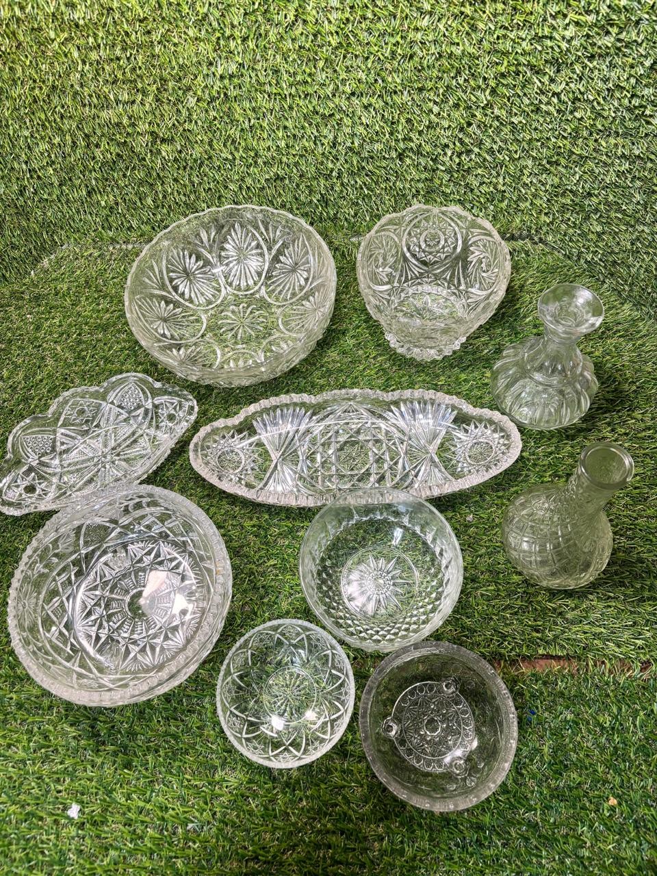 Vintage Pressed Clear Glass Lot 10 Pc Bowls Trays Bud Vases Serving Dishes