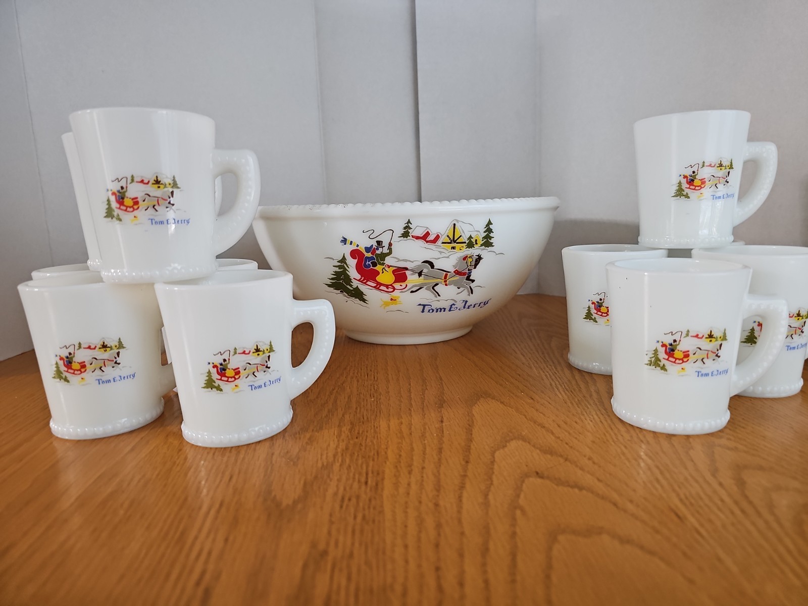 Vintage Tom & Jerry Milk Glass Beaded Punch Bowl & 11 Cups Sleigh Horses