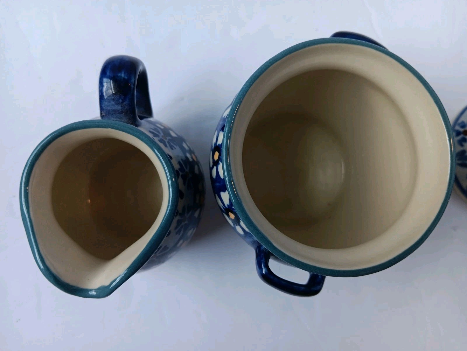 Polish Pottery Tea/Coffee Set, Tray, 2 Mugs/Cups, Creamer, Sugar Bowl W/ Lid