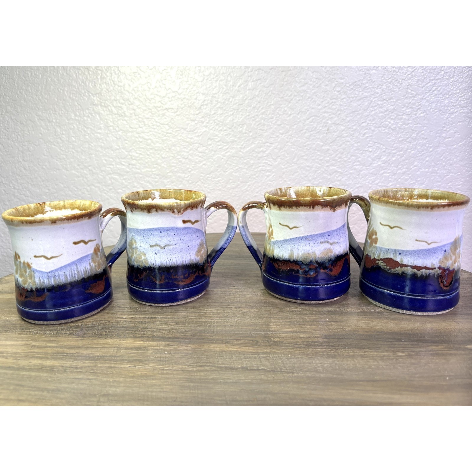 Evans Studio Art Pottery Mugs Set of 4 Signed Mountain Landscape